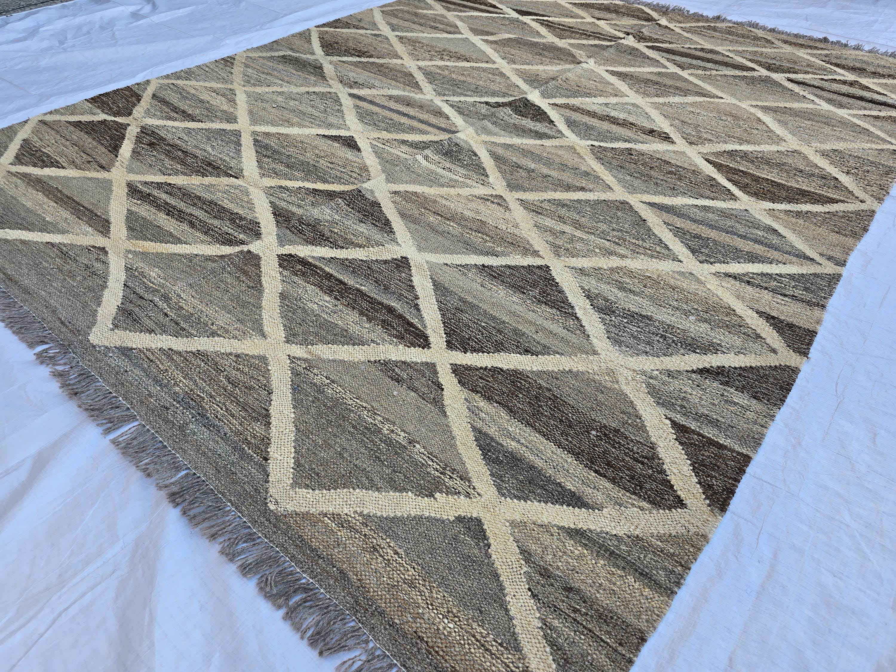 6x8 Handwoven Afghan Kilim Rug – Neutral Wool Flatweave | Geometric Tribal Area Carpet | Modern Boho Decor | Beige Brown Tones, Bedroom Rug