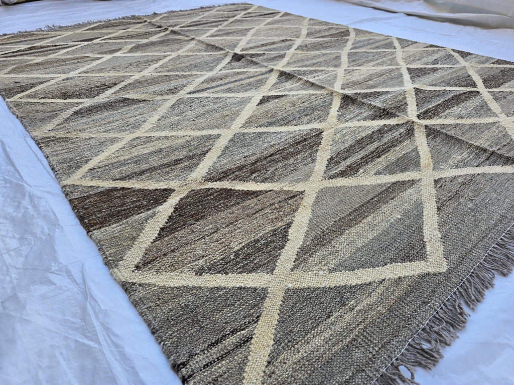 6x8 Handwoven Afghan Kilim Rug – Neutral Wool Flatweave | Geometric Tribal Area Carpet | Modern Boho Decor | Beige Brown Tones, Bedroom Rug