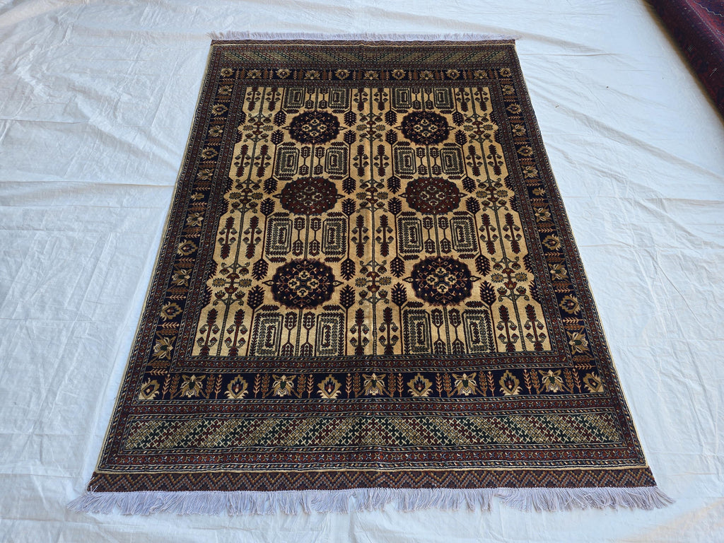 Soft High Pile Handmade 5x7 Oriental Rug – Cream & Brown Tribal Design – Plush Wool Area Carpet – Afghan Decorative Floor Mat, Bedroom Rug