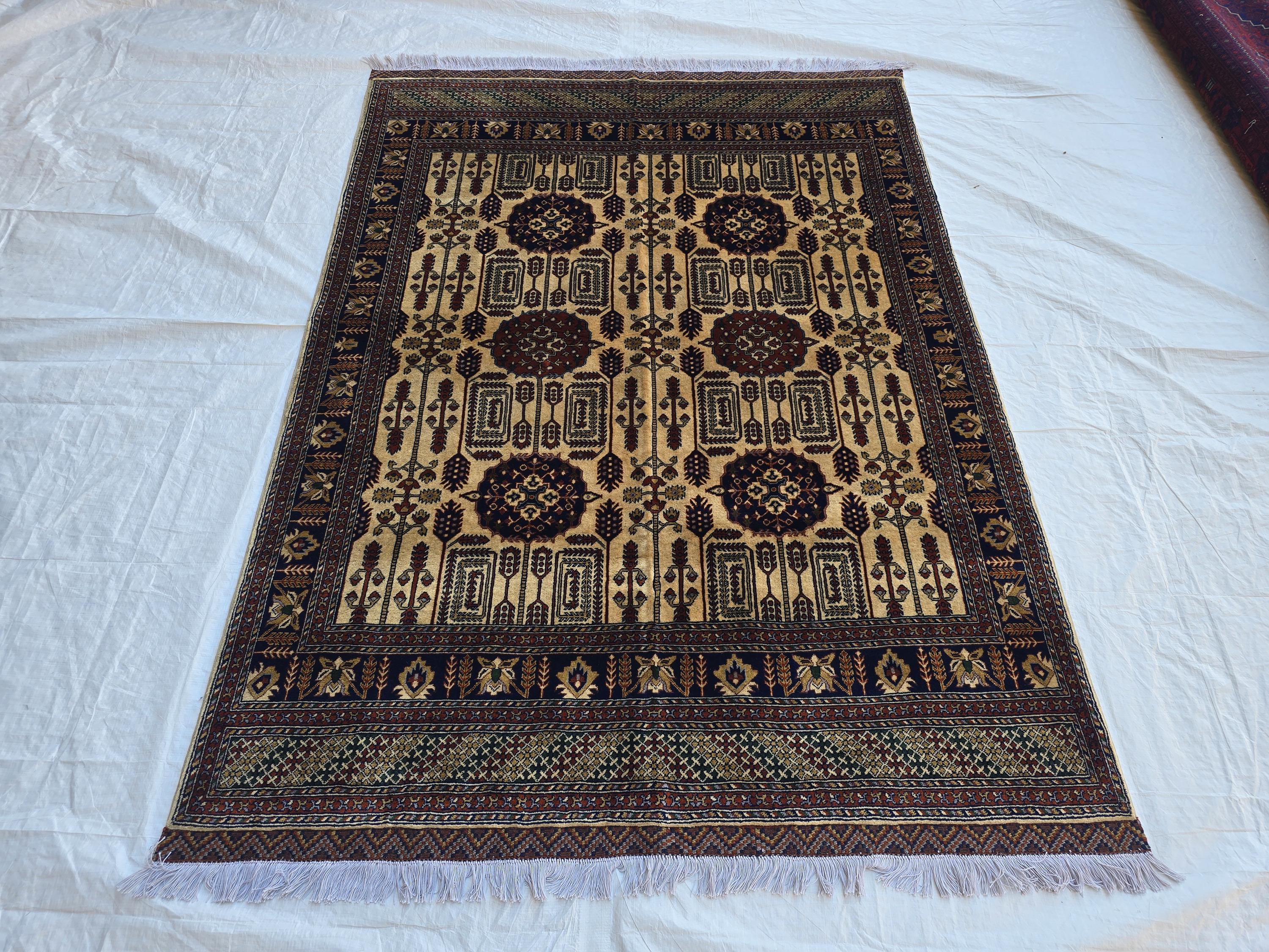 Soft High Pile Handmade 5x7 Oriental Rug – Cream & Brown Tribal Design – Plush Wool Area Carpet – Afghan Decorative Floor Mat, Bedroom Rug