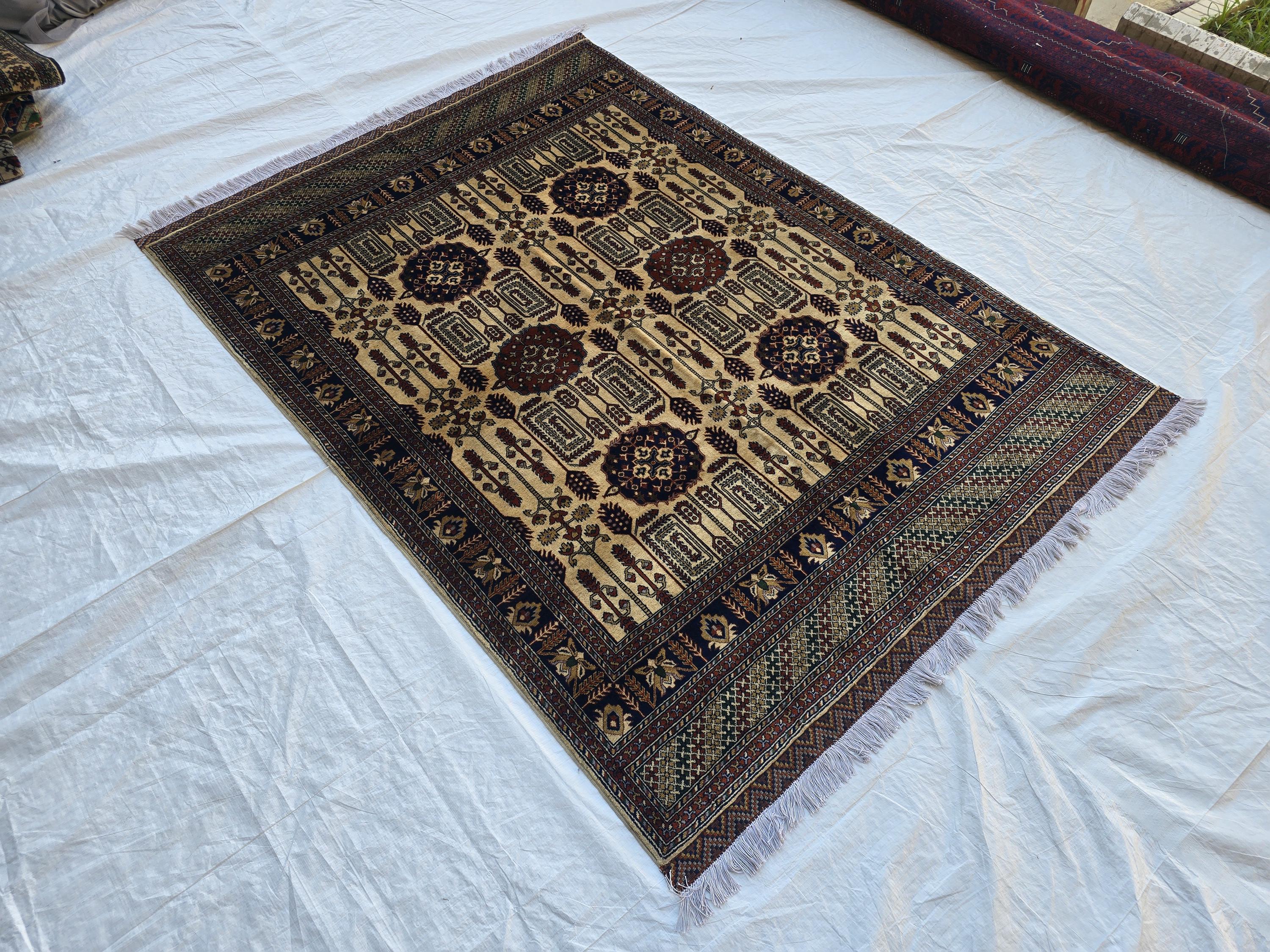 Soft High Pile Handmade 5x7 Oriental Rug – Cream & Brown Tribal Design – Plush Wool Area Carpet – Afghan Decorative Floor Mat, Bedroom Rug