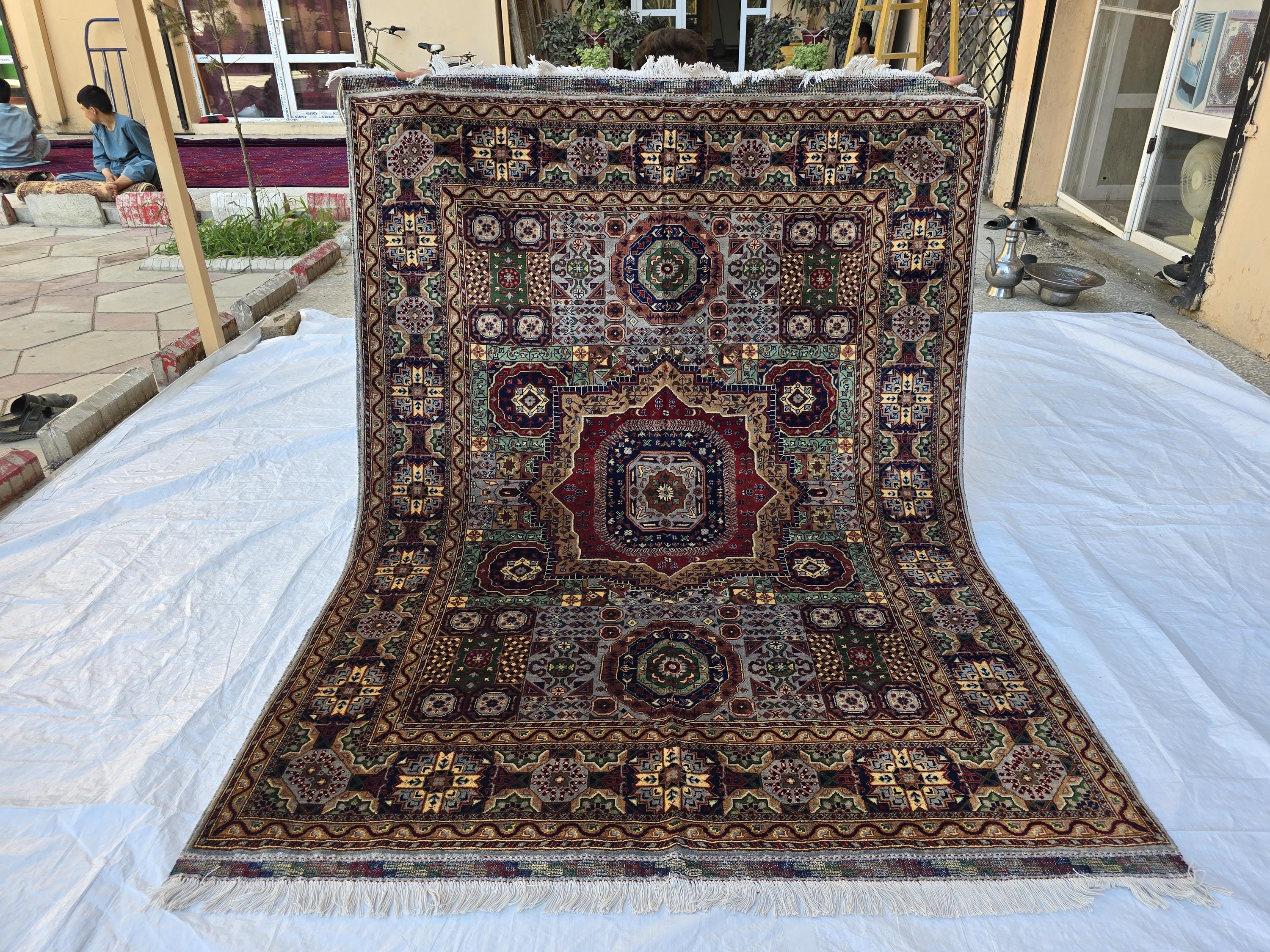 5x7 Handmade Wool Rug – Colorful Geometric Afghan Carpet – Turkmen Red Green Blue Tribal Medallion Design – Thick Pile Oriental Area Rug