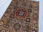 5x7 Handmade Wool Rug – Colorful Geometric Afghan Carpet – Turkmen Red Green Blue Tribal Medallion Design – Thick Pile Oriental Area Rug