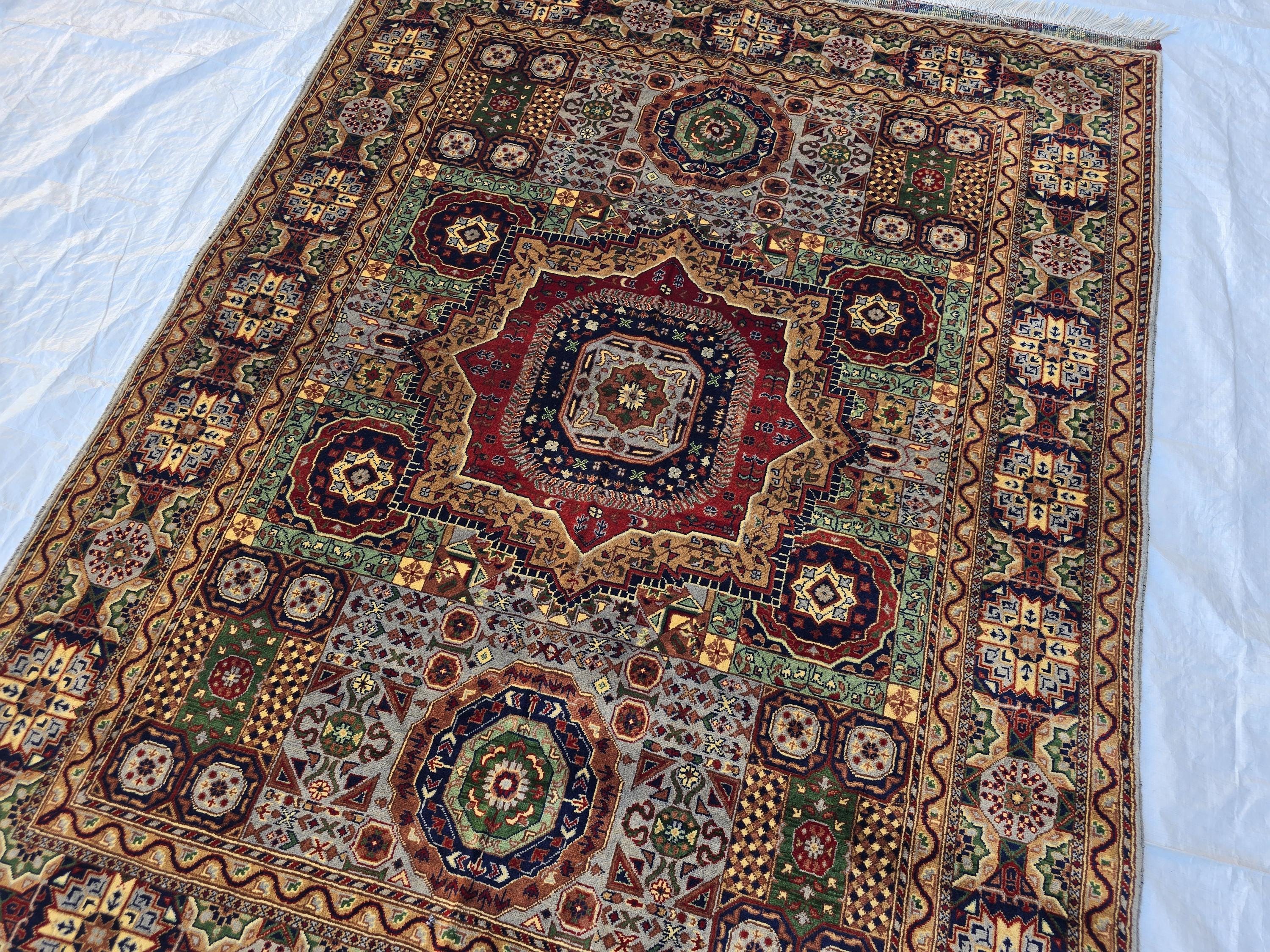5x7 Handmade Wool Rug – Colorful Geometric Afghan Carpet – Turkmen Red Green Blue Tribal Medallion Design – Thick Pile Oriental Area Rug
