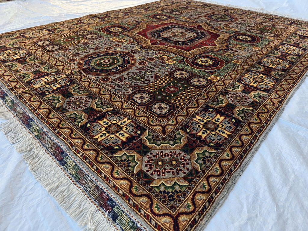 5x7 Handmade Wool Rug – Colorful Geometric Afghan Carpet – Turkmen Red Green Blue Tribal Medallion Design – Thick Pile Oriental Area Rug