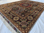 5x7 Handmade Wool Rug – Colorful Geometric Afghan Carpet – Turkmen Red Green Blue Tribal Medallion Design – Thick Pile Oriental Area Rug