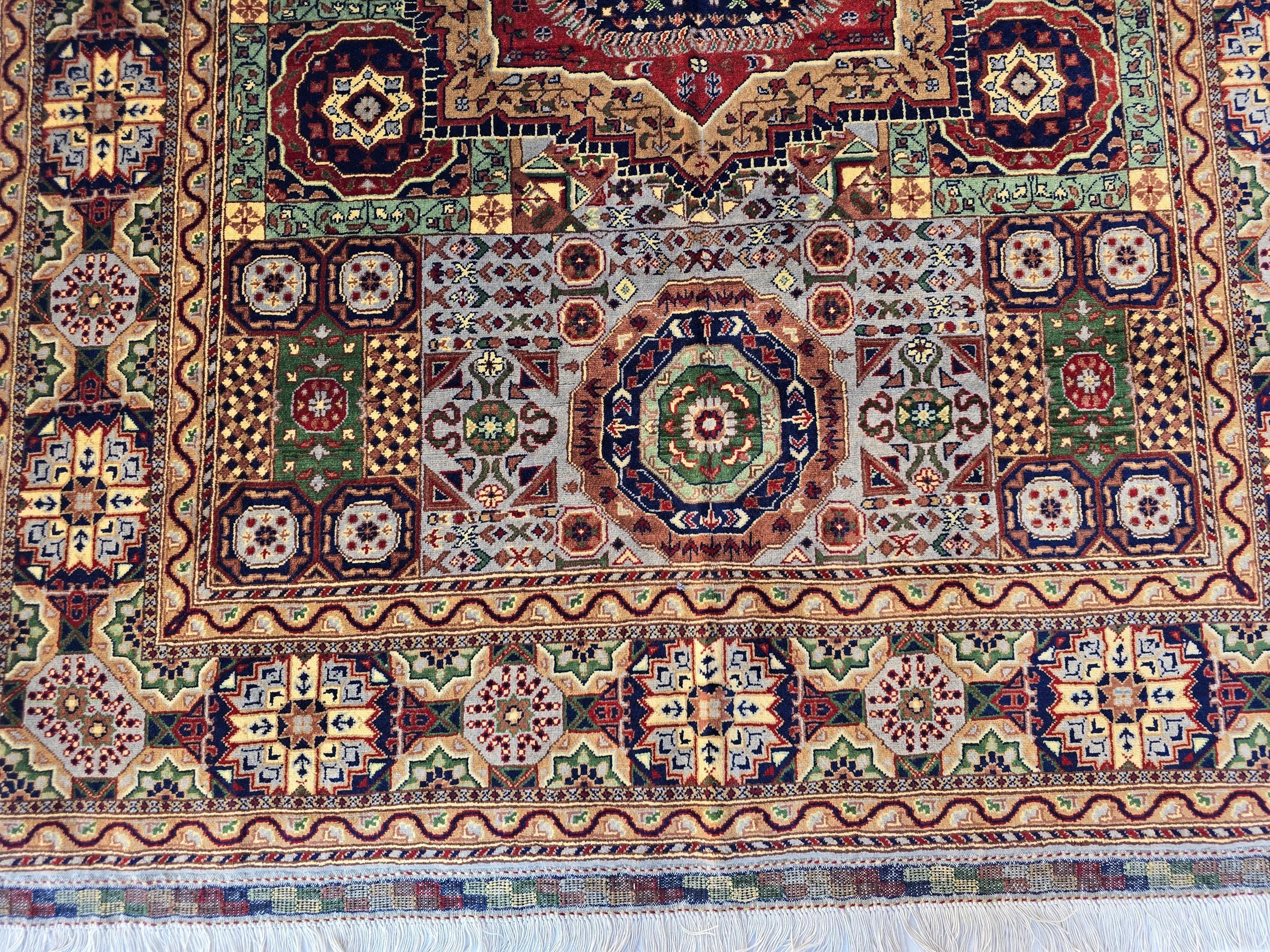 5x7 Handmade Wool Rug – Colorful Geometric Afghan Carpet – Turkmen Red Green Blue Tribal Medallion Design – Thick Pile Oriental Area Rug