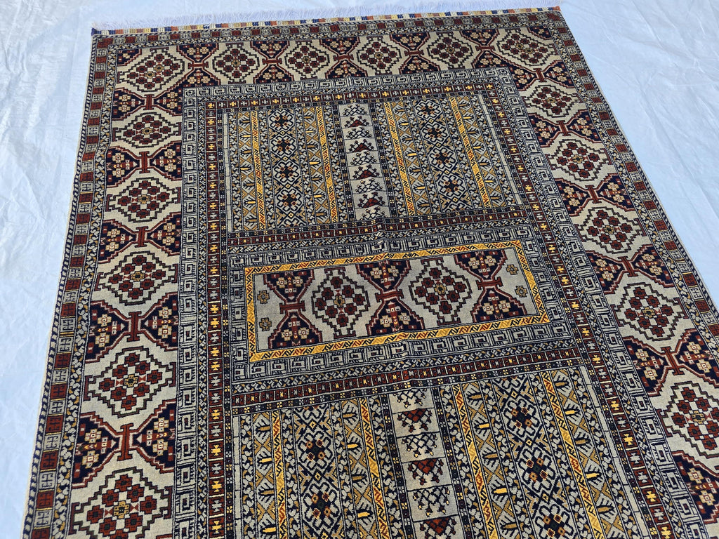 5x7 Modern Turkmen Parda Rug – Multicolor Design on Silver Background – Handmade Wool Carpet – Contemporary Tribal Accent Rug, Bedroom Rug