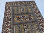 5x7 Modern Turkmen Parda Rug – Multicolor Design on Silver Background – Handmade Wool Carpet – Contemporary Tribal Accent Rug, Bedroom Rug