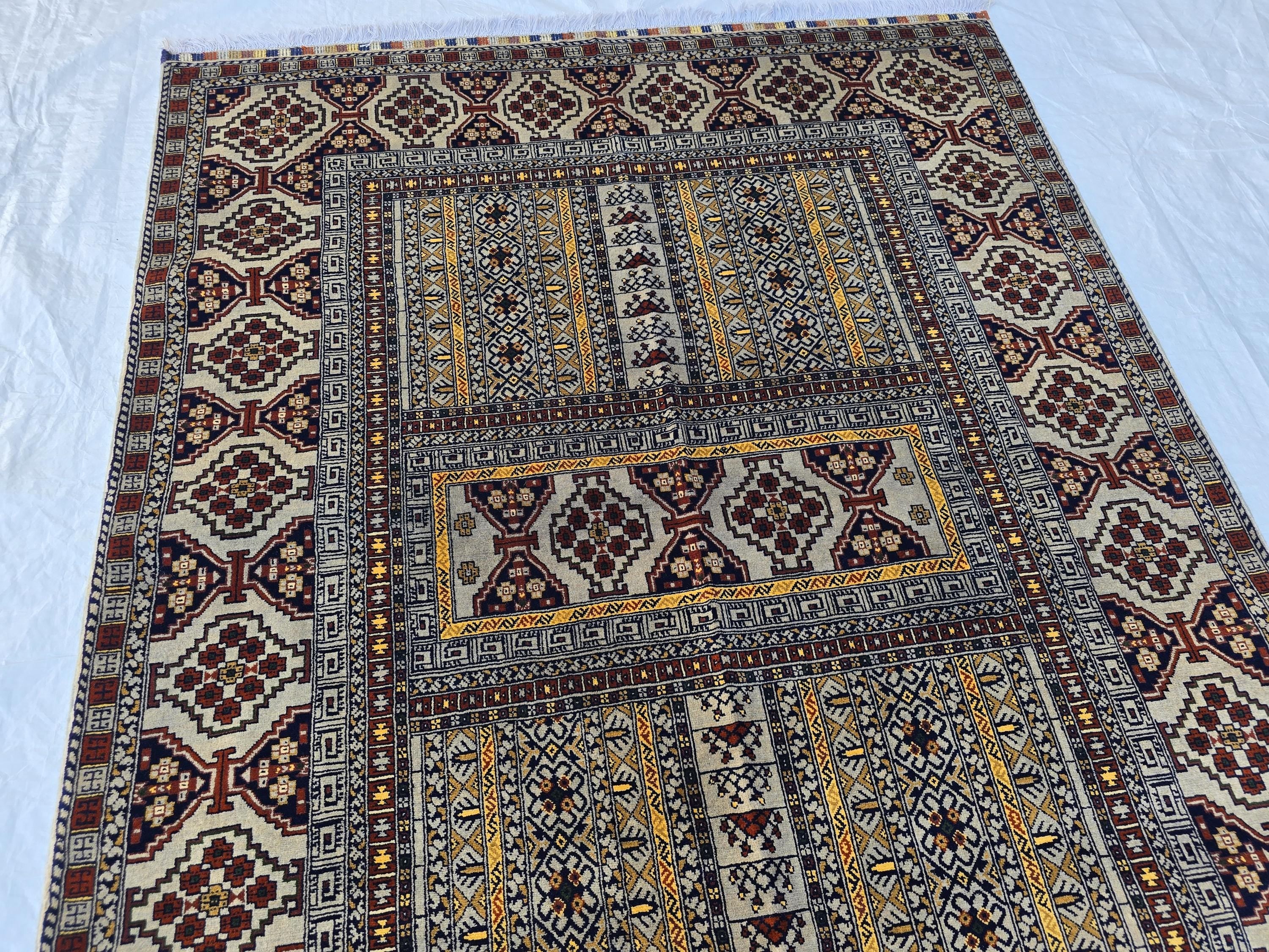 5x7 Modern Turkmen Parda Rug – Multicolor Design on Silver Background – Handmade Wool Carpet – Contemporary Tribal Accent Rug, Bedroom Rug