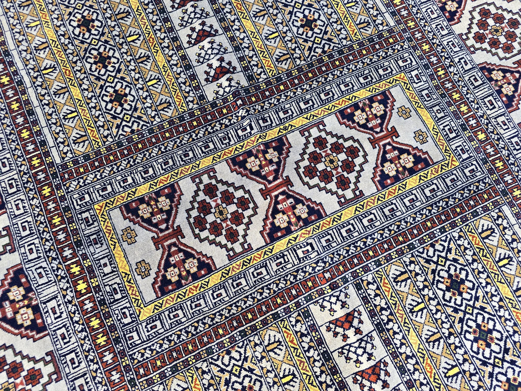 5x7 Modern Turkmen Parda Rug – Multicolor Design on Silver Background – Handmade Wool Carpet – Contemporary Tribal Accent Rug, Bedroom Rug