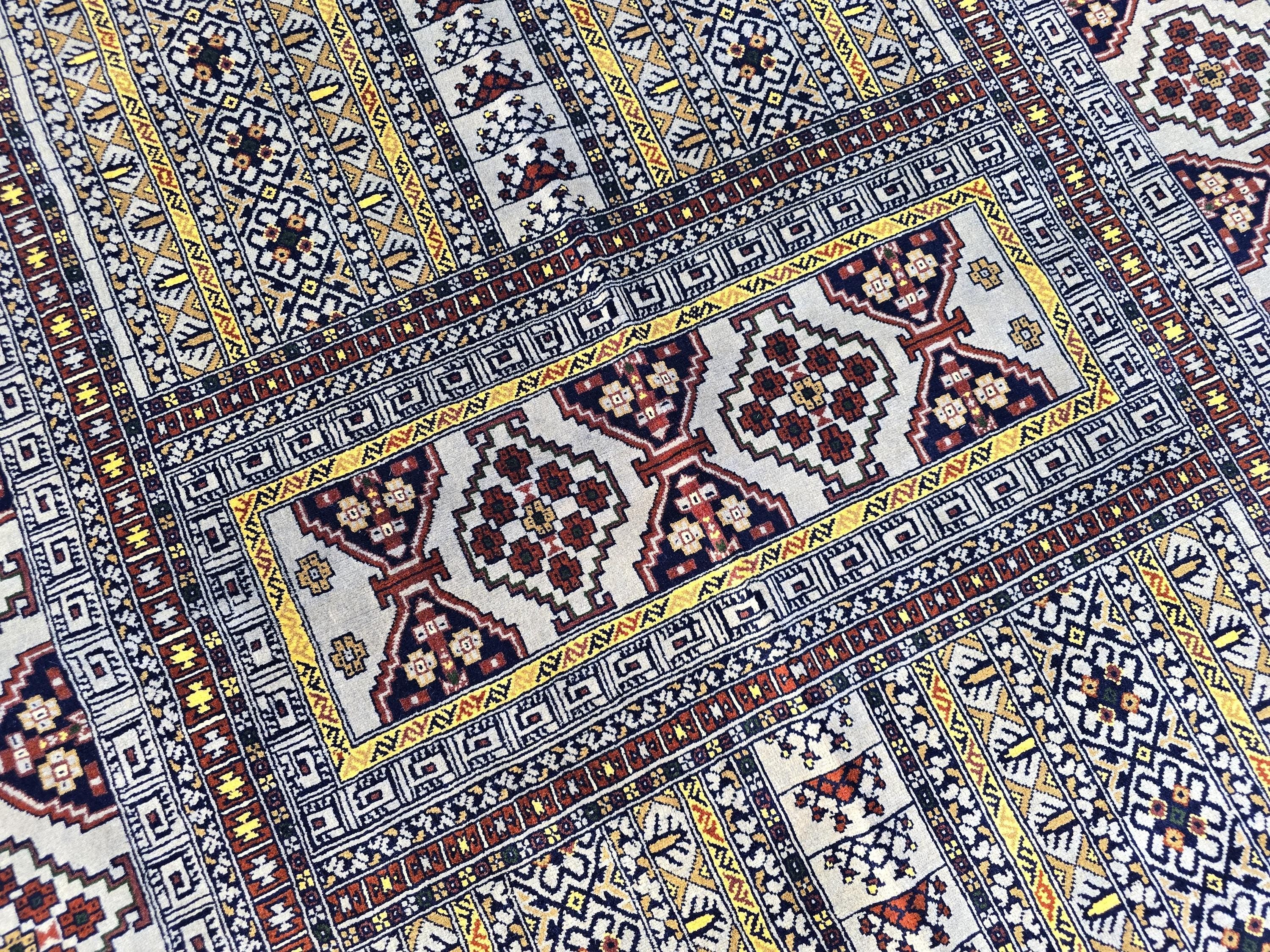 5x7 Modern Turkmen Parda Rug – Multicolor Design on Silver Background – Handmade Wool Carpet – Contemporary Tribal Accent Rug, Bedroom Rug