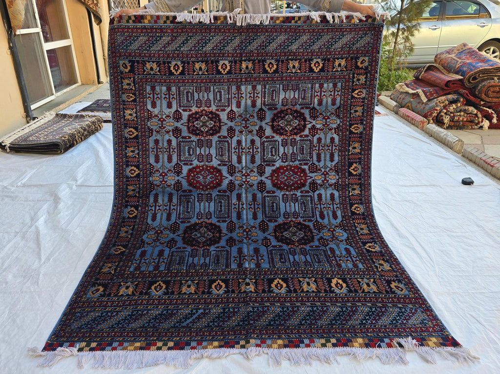 5x6 Afghan Handmade Navy Blue Gandum Carpet, Turkmen Oriental Soft Wool Rug, Boho Home Decor, Rug for Bedroom, Living Room Rug 198x151 cm