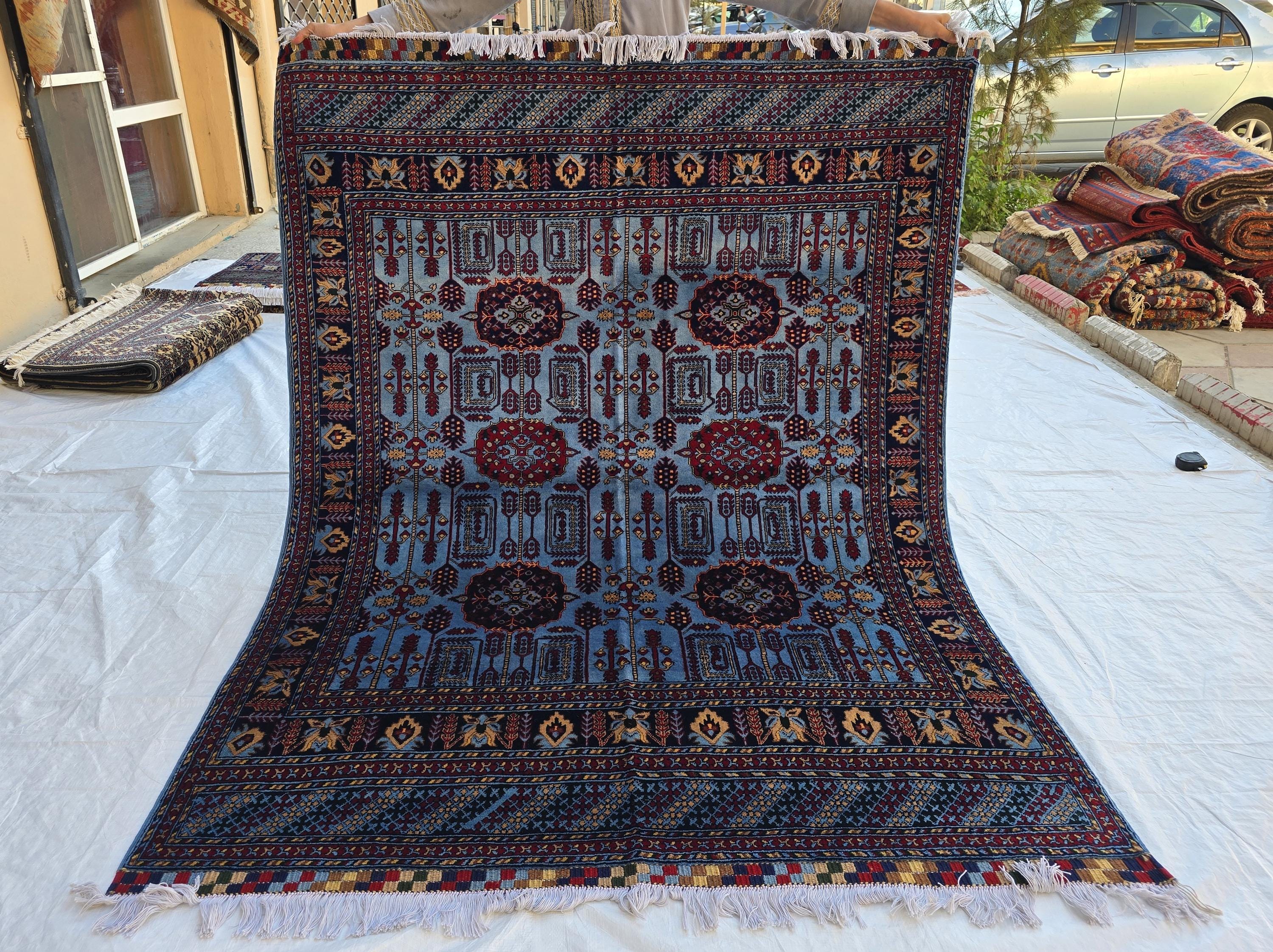 5x6 Afghan Handmade Navy Blue Gandum Carpet, Turkmen Oriental Soft Wool Rug, Boho Home Decor, Rug for Bedroom, Living Room Rug 198x151 cm