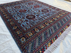 5x6 Afghan Handmade Navy Blue Gandum Carpet, Turkmen Oriental Soft Wool Rug, Boho Home Decor, Rug for Bedroom, Living Room Rug 198x151 cm