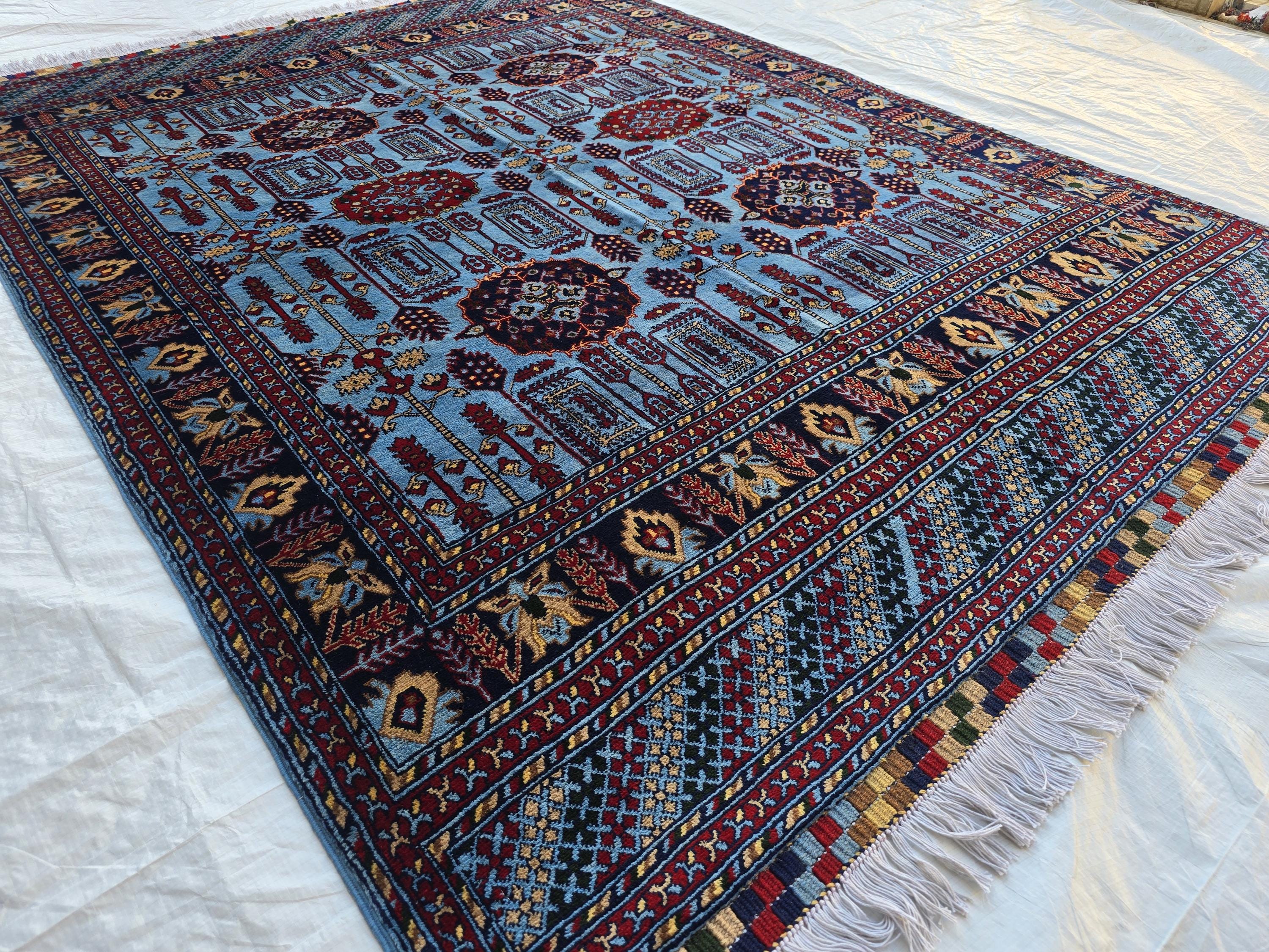 5x6 Afghan Handmade Navy Blue Gandum Carpet, Turkmen Oriental Soft Wool Rug, Boho Home Decor, Rug for Bedroom, Living Room Rug 198x151 cm