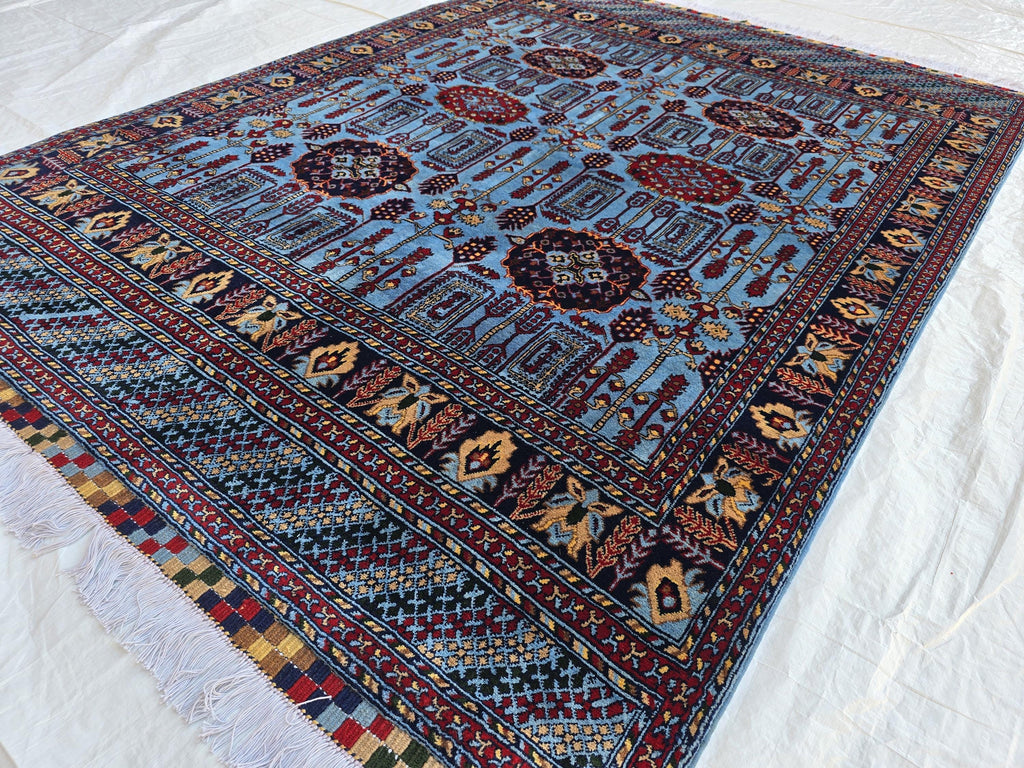 5x6 Afghan Handmade Navy Blue Gandum Carpet, Turkmen Oriental Soft Wool Rug, Boho Home Decor, Rug for Bedroom, Living Room Rug 198x151 cm