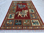 Handmade Afghan 4x6ft Wool Rug – Red Tribal Carpet with Horse & Animal Motifs, Vintage Oriental Area Rug, Boho Home Decor, Rug for Kids Room