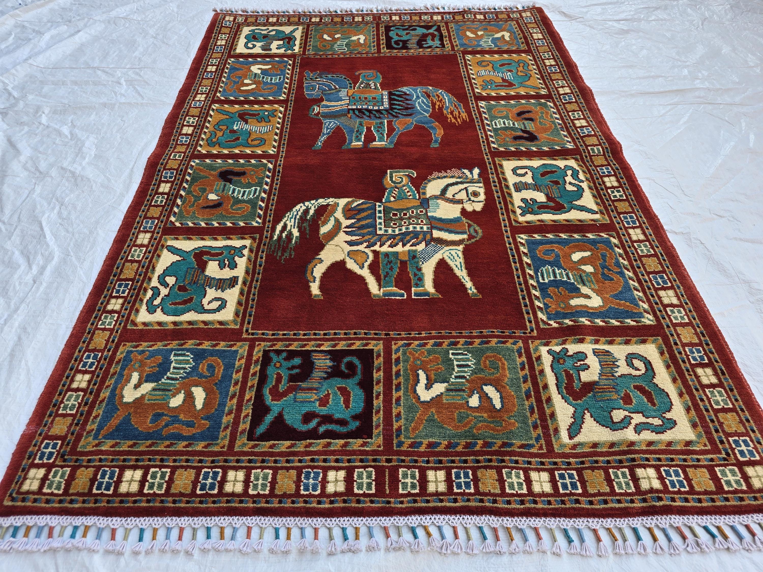 Handmade Afghan 4x6ft Wool Rug – Red Tribal Carpet with Horse & Animal Motifs, Vintage Oriental Area Rug, Boho Home Decor, Rug for Kids Room