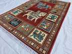 Handmade Afghan 4x6ft Wool Rug – Red Tribal Carpet with Horse & Animal Motifs, Vintage Oriental Area Rug, Boho Home Decor, Rug for Kids Room