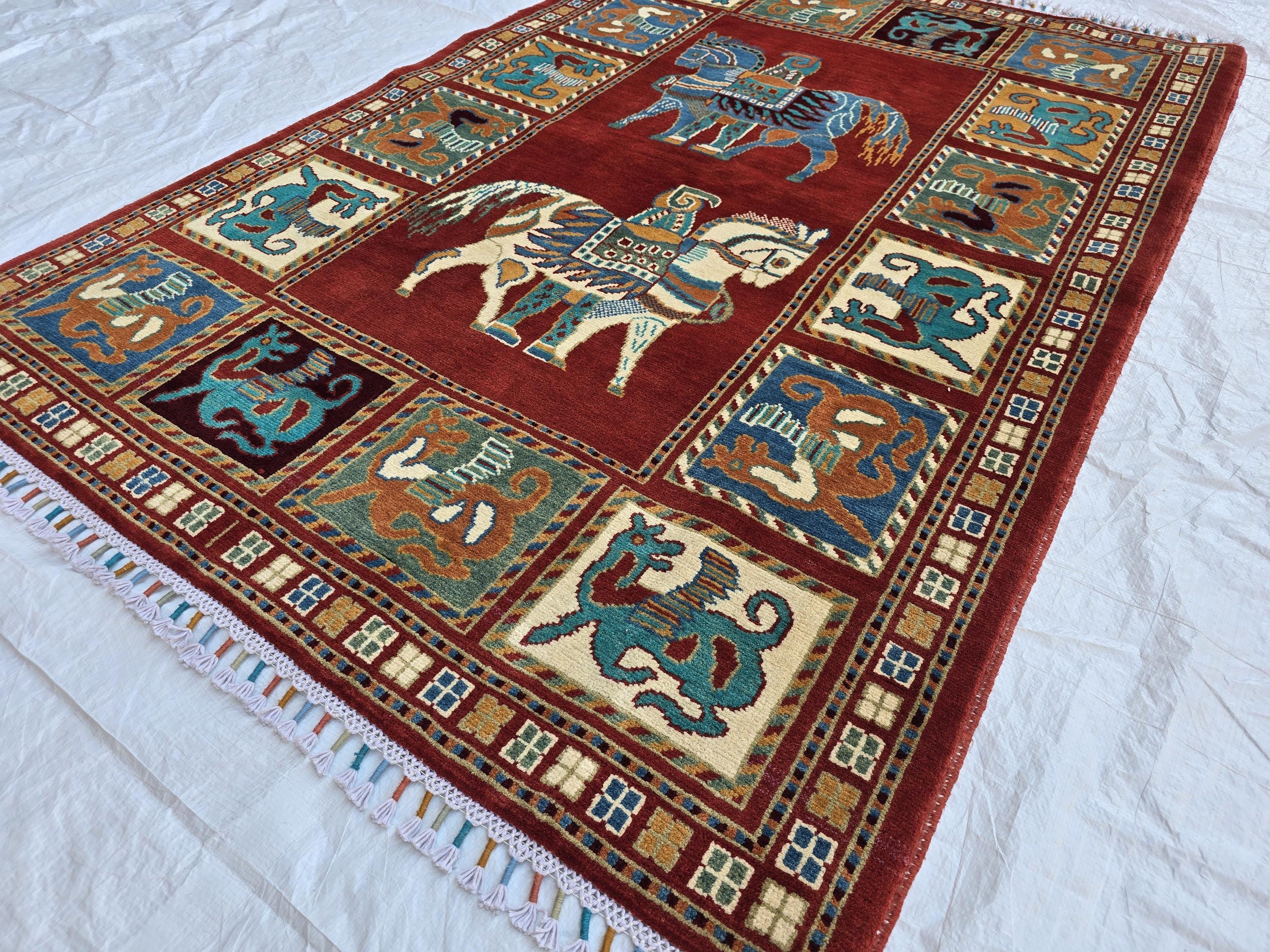 Handmade Afghan 4x6ft Wool Rug – Red Tribal Carpet with Horse & Animal Motifs, Vintage Oriental Area Rug, Boho Home Decor, Rug for Kids Room