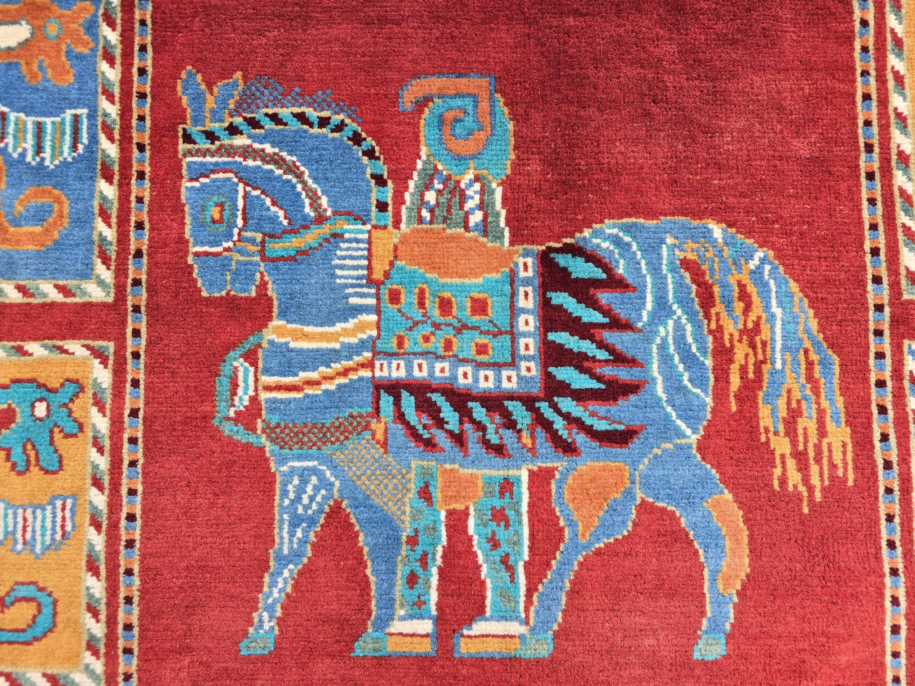 Handmade Afghan 4x6ft Wool Rug – Red Tribal Carpet with Horse & Animal Motifs, Vintage Oriental Area Rug, Boho Home Decor, Rug for Kids Room