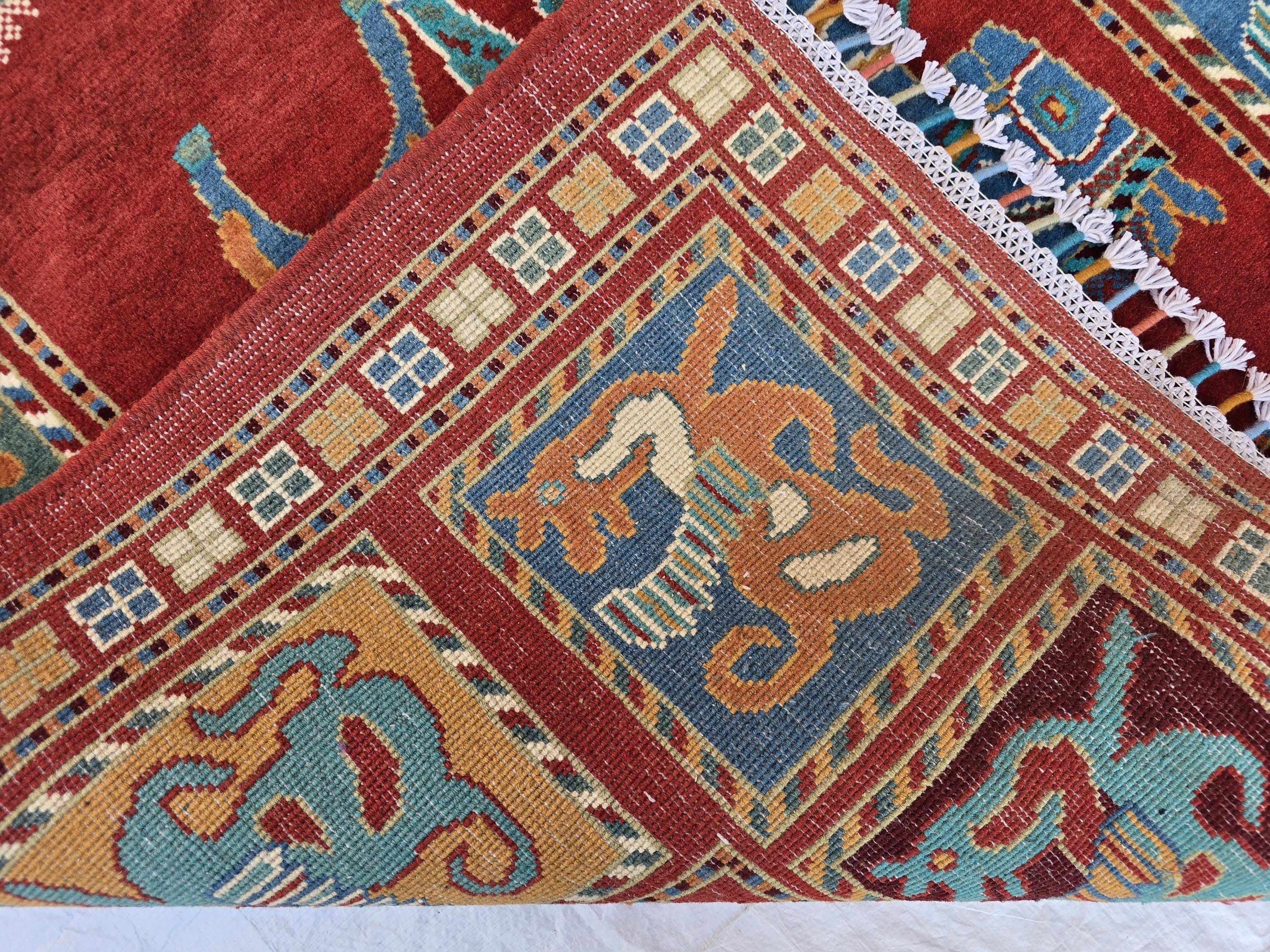 Handmade Afghan 4x6ft Wool Rug – Red Tribal Carpet with Horse & Animal Motifs, Vintage Oriental Area Rug, Boho Home Decor, Rug for Kids Room