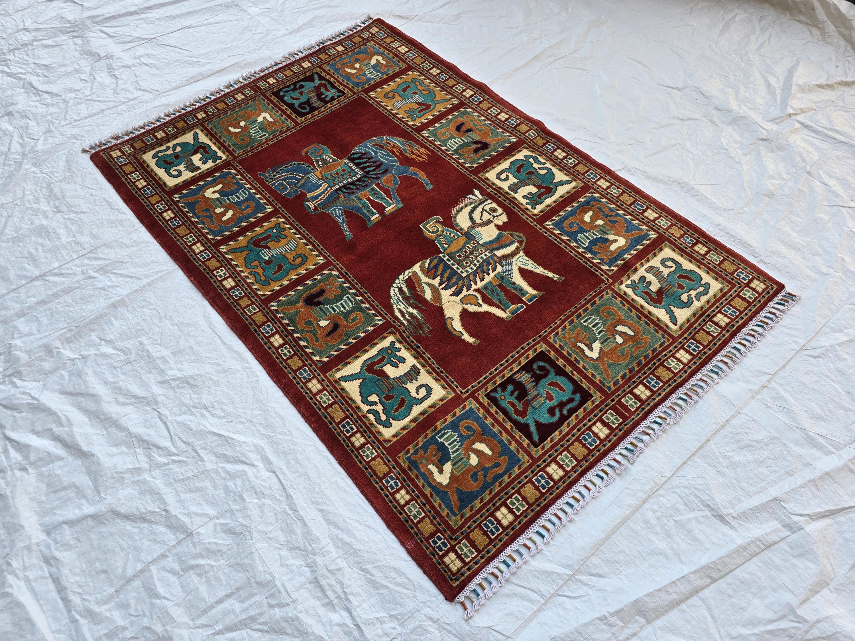 Handmade Afghan 4x6ft Wool Rug – Red Tribal Carpet with Horse & Animal Motifs, Vintage Oriental Area Rug, Boho Home Decor, Rug for Kids Room