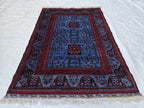 3x5 Navy Blue and Red Bukhara Afghan Handwoven Accent Rug, Turkmen Geometric Tribal Wool Rug, Bedroom Rug, Office Rug, Living Room Rug