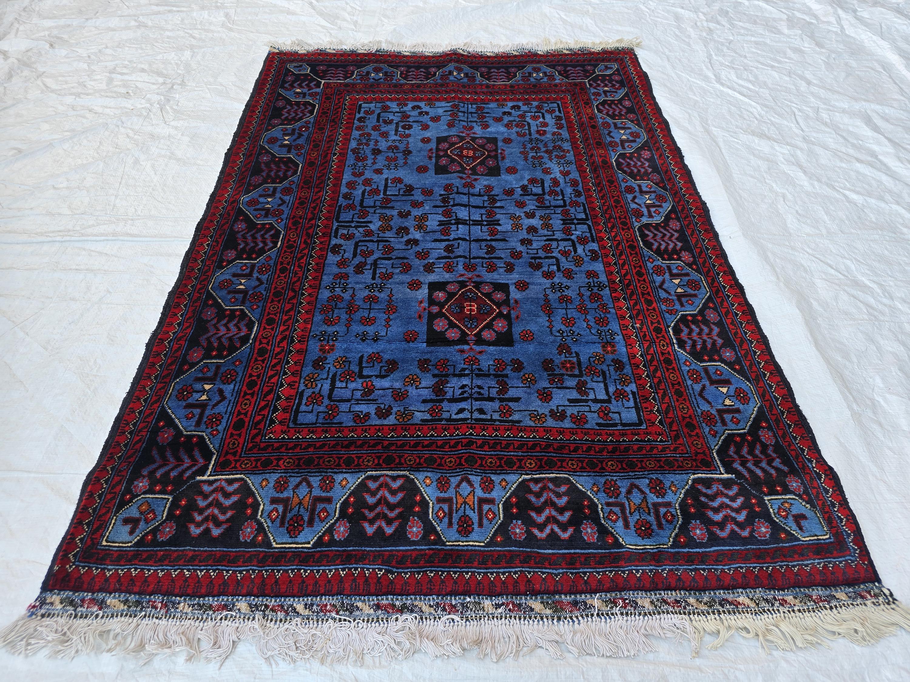 3x5 Navy Blue and Red Bukhara Afghan Handwoven Accent Rug, Turkmen Geometric Tribal Wool Rug, Bedroom Rug, Office Rug, Living Room Rug