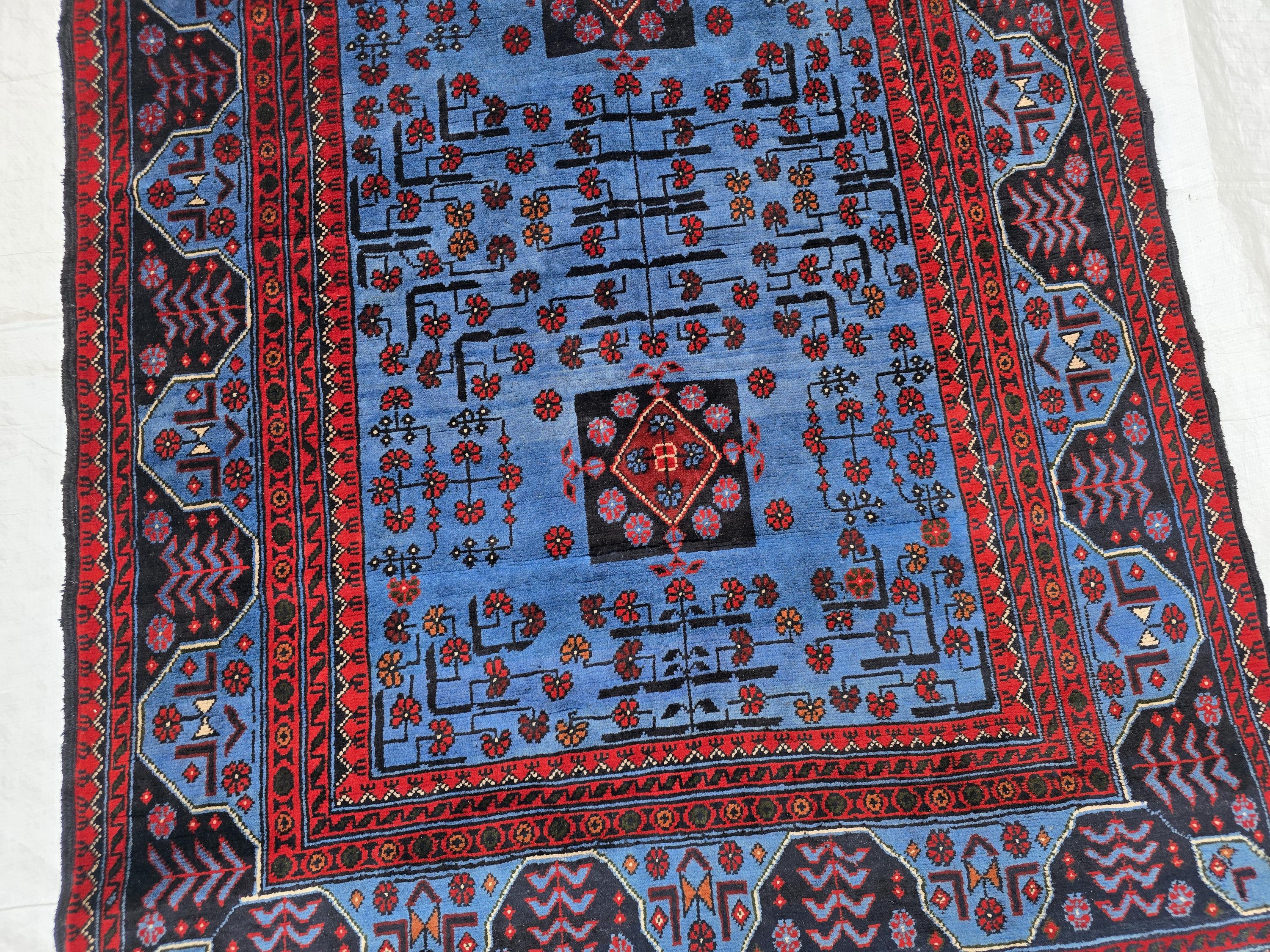 3x5 Navy Blue and Red Bukhara Afghan Handwoven Accent Rug, Turkmen Geometric Tribal Wool Rug, Bedroom Rug, Office Rug, Living Room Rug