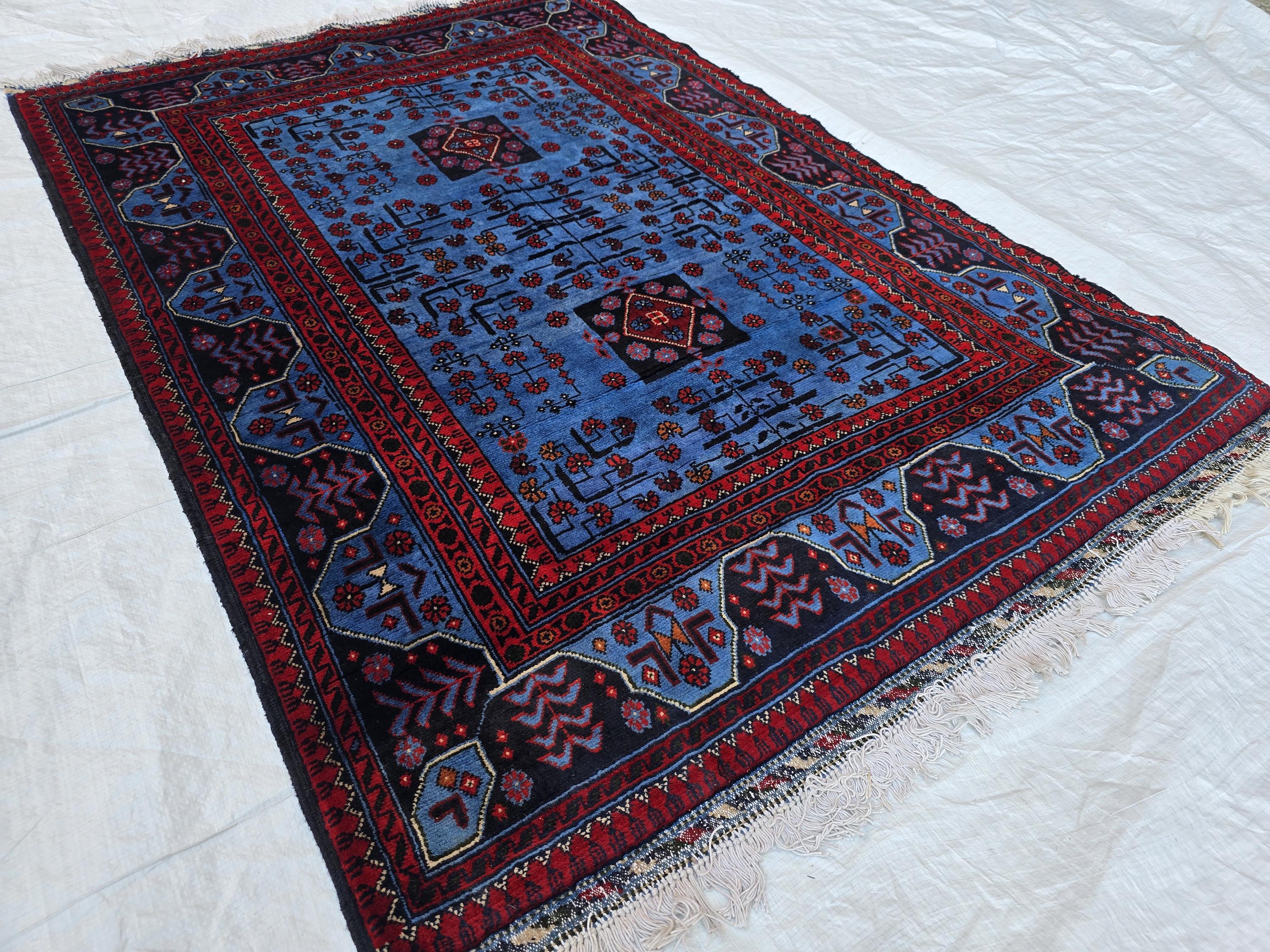 3x5 Navy Blue and Red Bukhara Afghan Handwoven Accent Rug, Turkmen Geometric Tribal Wool Rug, Bedroom Rug, Office Rug, Living Room Rug