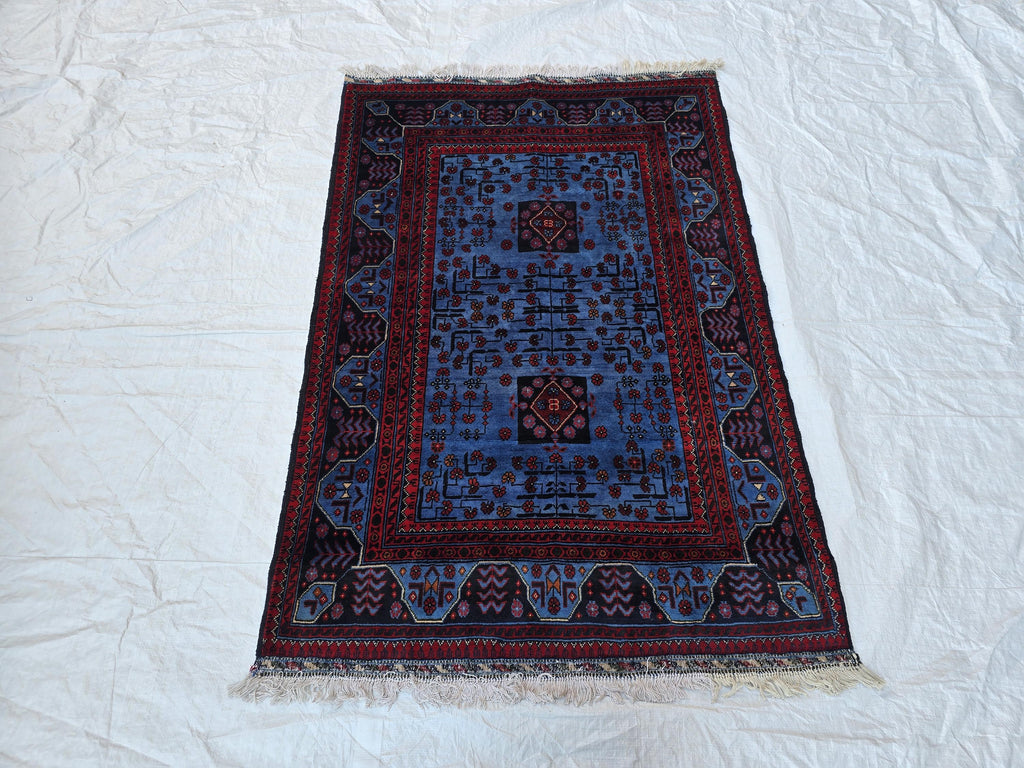 3x5 Navy Blue and Red Bukhara Afghan Handwoven Accent Rug, Turkmen Geometric Tribal Wool Rug, Bedroom Rug, Office Rug, Living Room Rug