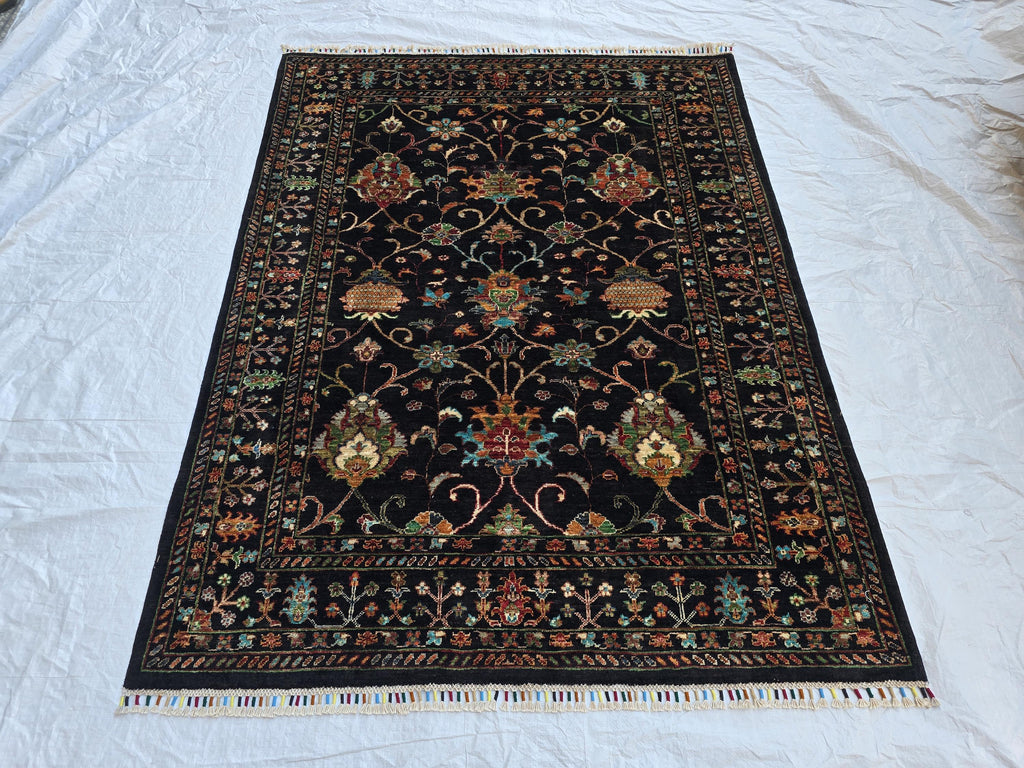 5x6ft, Afghan Handwoven Sultani Chobi High Quality Rug, Turkmen Oriental Wool Black Carpet, Luxurious Home Decor, Rug for Bedroom, Office