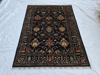 5x6ft, Afghan Handwoven Sultani Chobi High Quality Rug, Turkmen Oriental Wool Black Carpet, Luxurious Home Decor, Rug for Bedroom, Office