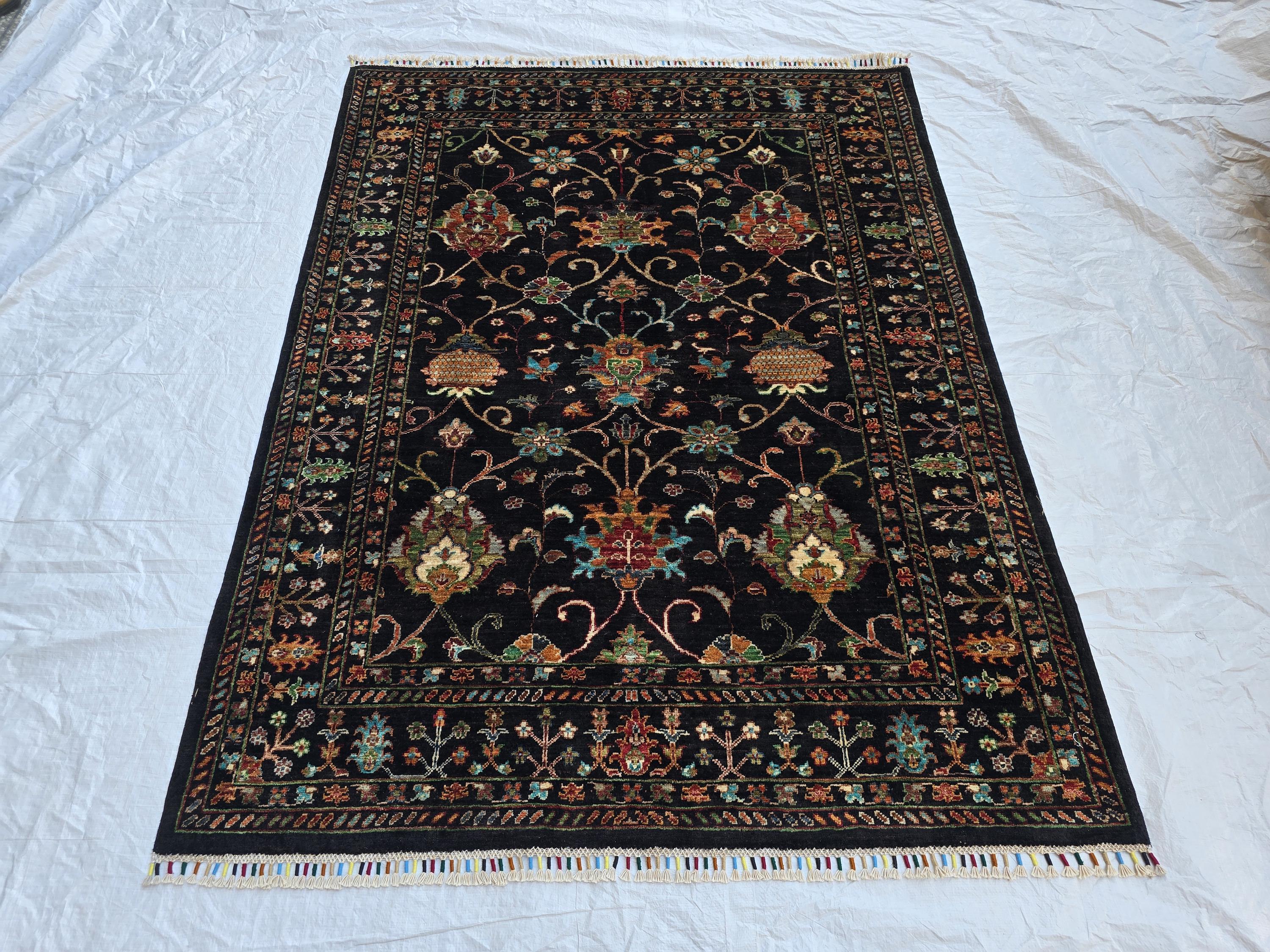5x6ft, Afghan Handwoven Sultani Chobi High Quality Rug, Turkmen Oriental Wool Black Carpet, Luxurious Home Decor, Rug for Bedroom, Office