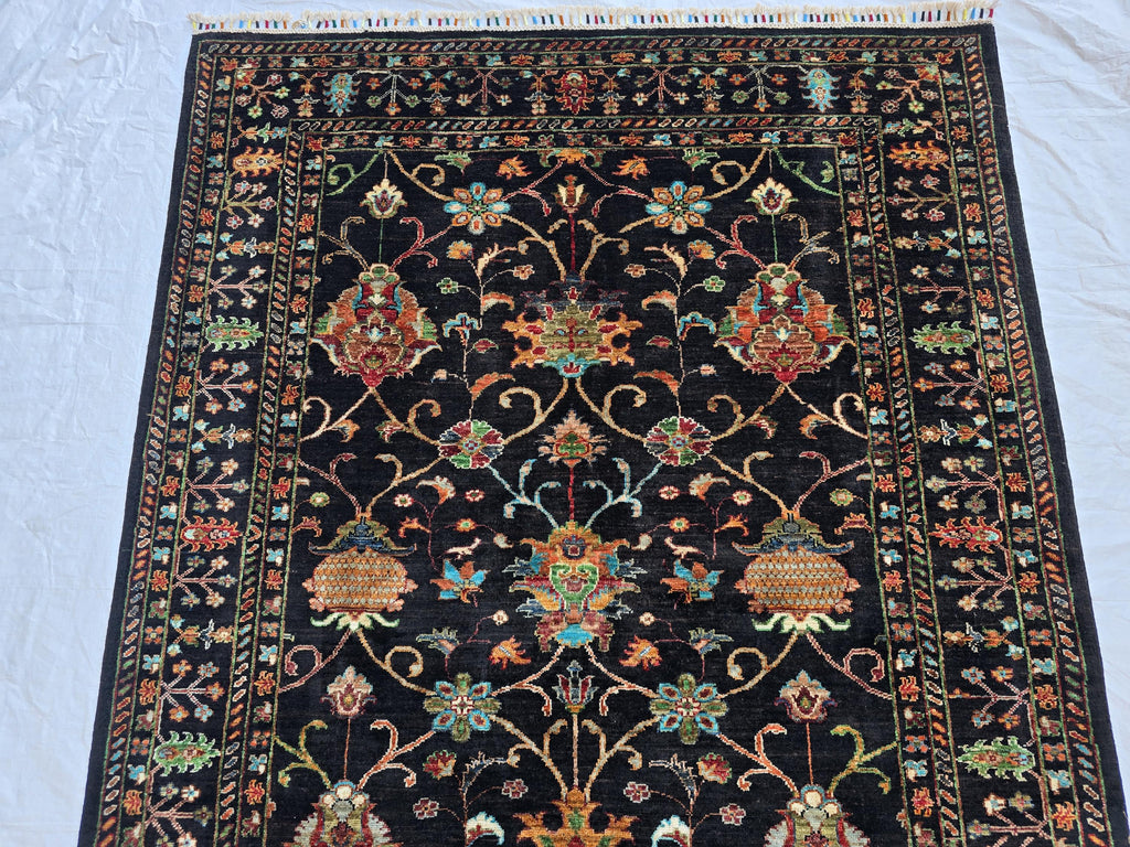 5x6ft, Afghan Handwoven Sultani Chobi High Quality Rug, Turkmen Oriental Wool Black Carpet, Luxurious Home Decor, Rug for Bedroom, Office