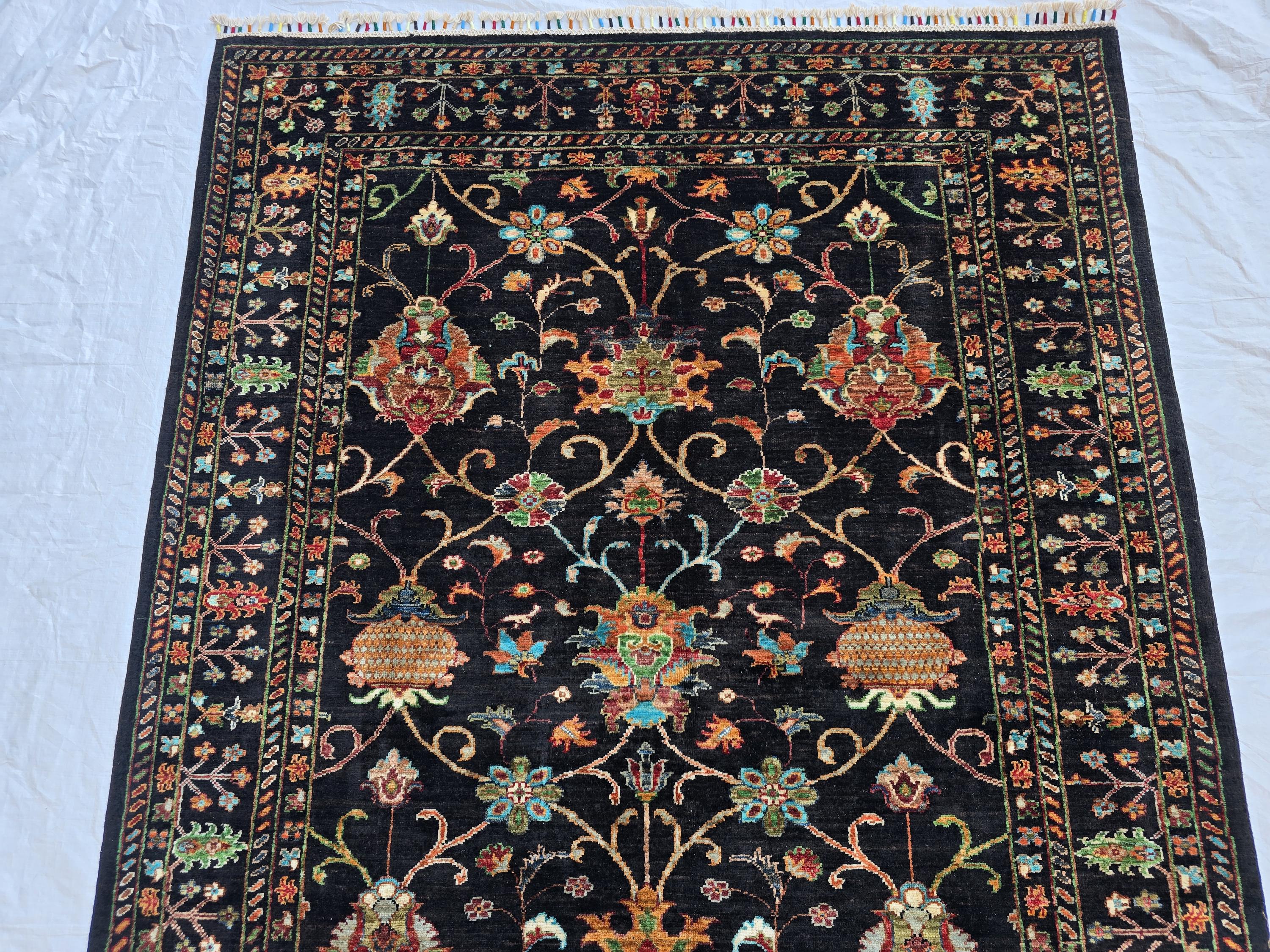 5x6ft, Afghan Handwoven Sultani Chobi High Quality Rug, Turkmen Oriental Wool Black Carpet, Luxurious Home Decor, Rug for Bedroom, Office