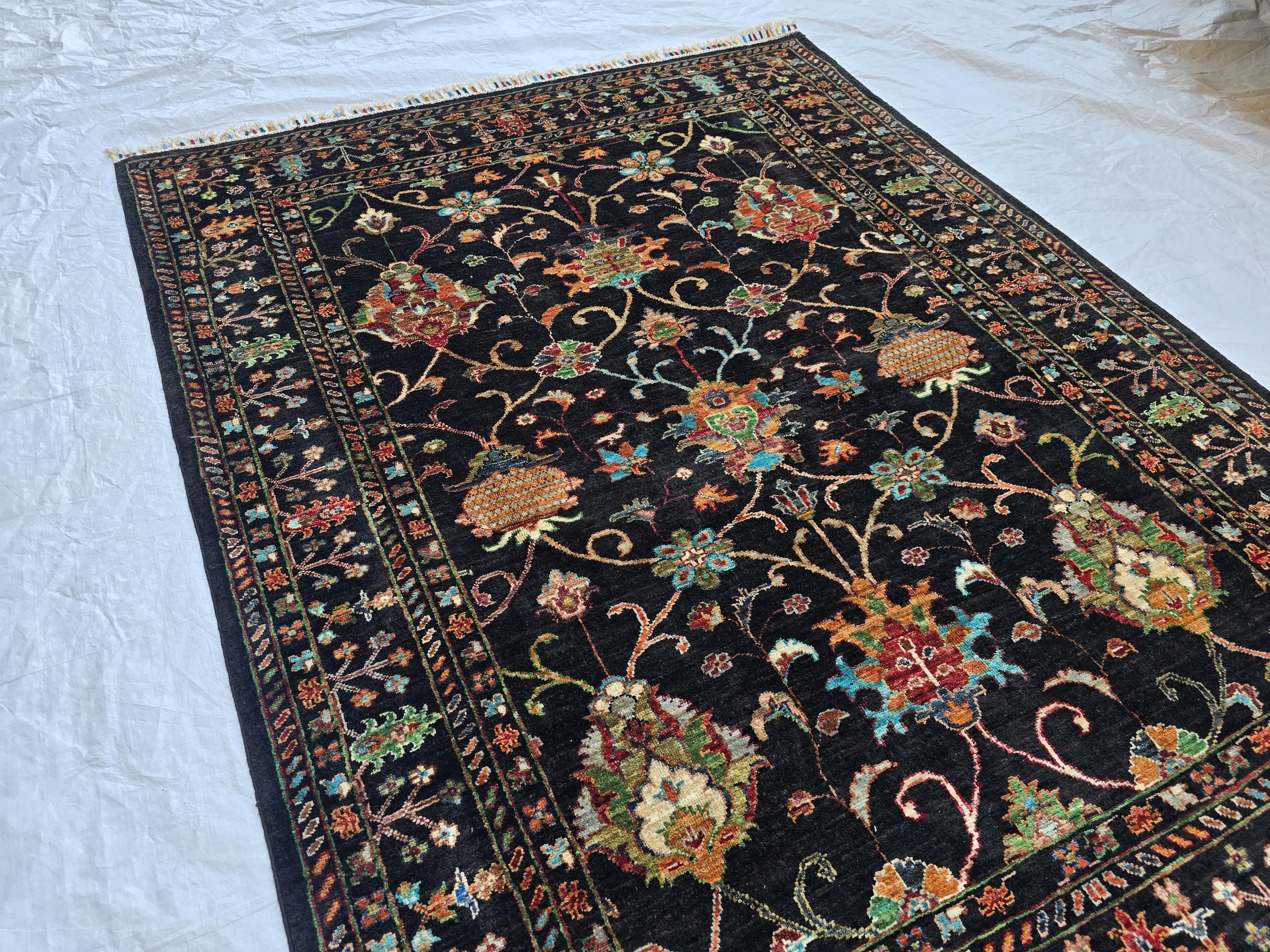5x6ft, Afghan Handwoven Sultani Chobi High Quality Rug, Turkmen Oriental Wool Black Carpet, Luxurious Home Decor, Rug for Bedroom, Office