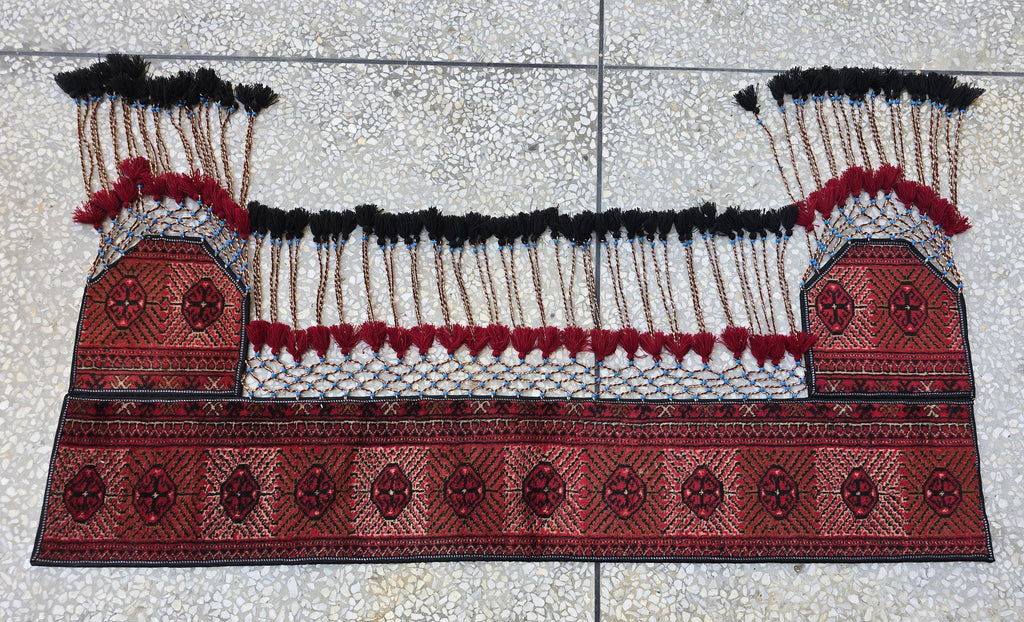 4.9ft Traditional Turkmen Parda Wall Hanging – Handwoven Red & Black Tapestry with Tassels – Tribal Afghan Textile Decor, Bedroom Decor