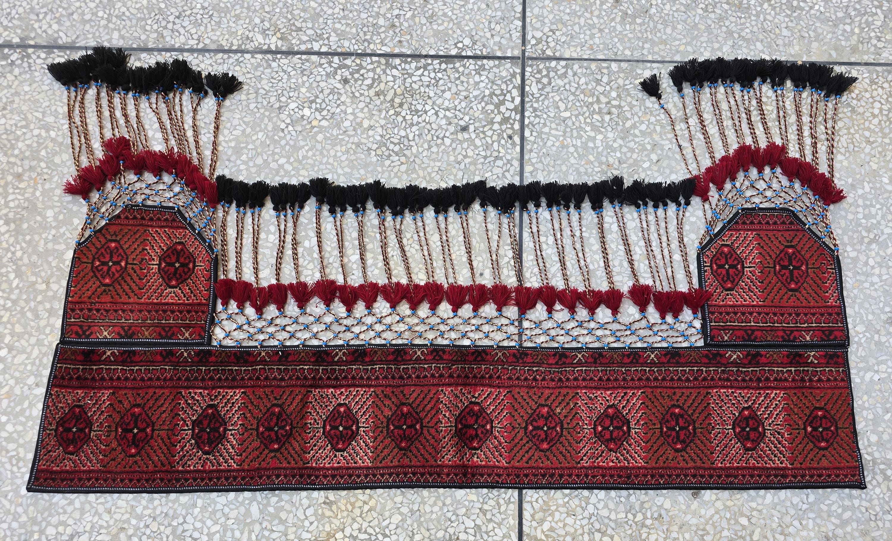 4.9ft Traditional Turkmen Parda Wall Hanging – Handwoven Red & Black Tapestry with Tassels – Tribal Afghan Textile Decor, Bedroom Decor
