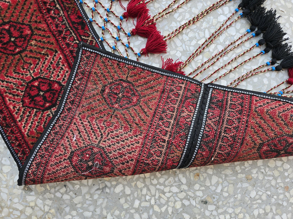 4.9ft Traditional Turkmen Parda Wall Hanging – Handwoven Red & Black Tapestry with Tassels – Tribal Afghan Textile Decor, Bedroom Decor