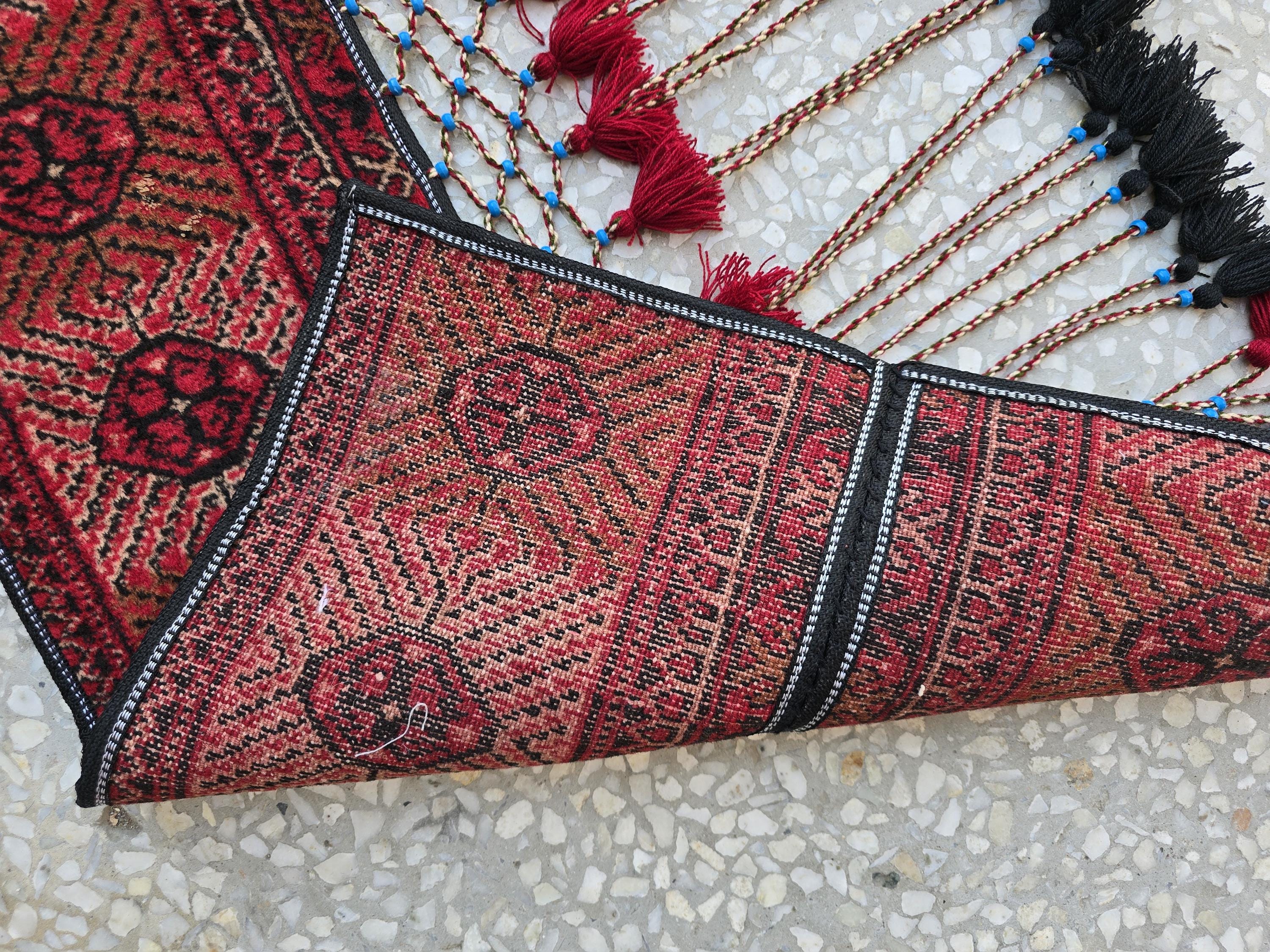 4.9ft Traditional Turkmen Parda Wall Hanging – Handwoven Red & Black Tapestry with Tassels – Tribal Afghan Textile Decor, Bedroom Decor