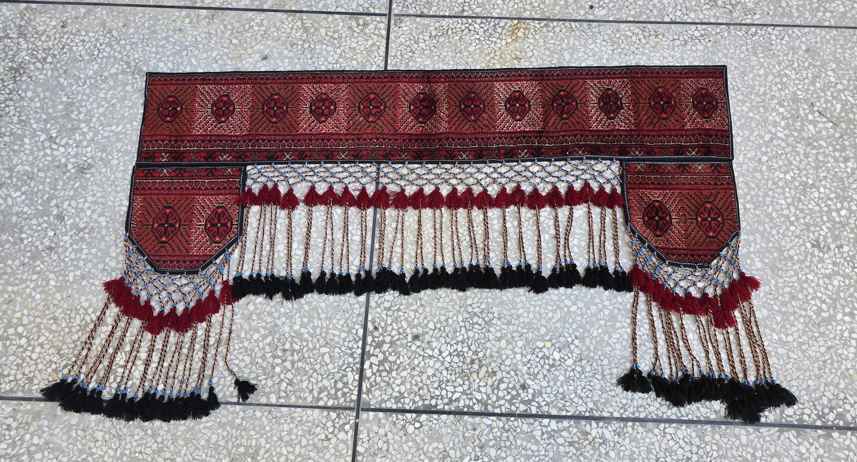 4.9ft Traditional Turkmen Parda Wall Hanging – Handwoven Red & Black Tapestry with Tassels – Tribal Afghan Textile Decor, Bedroom Decor