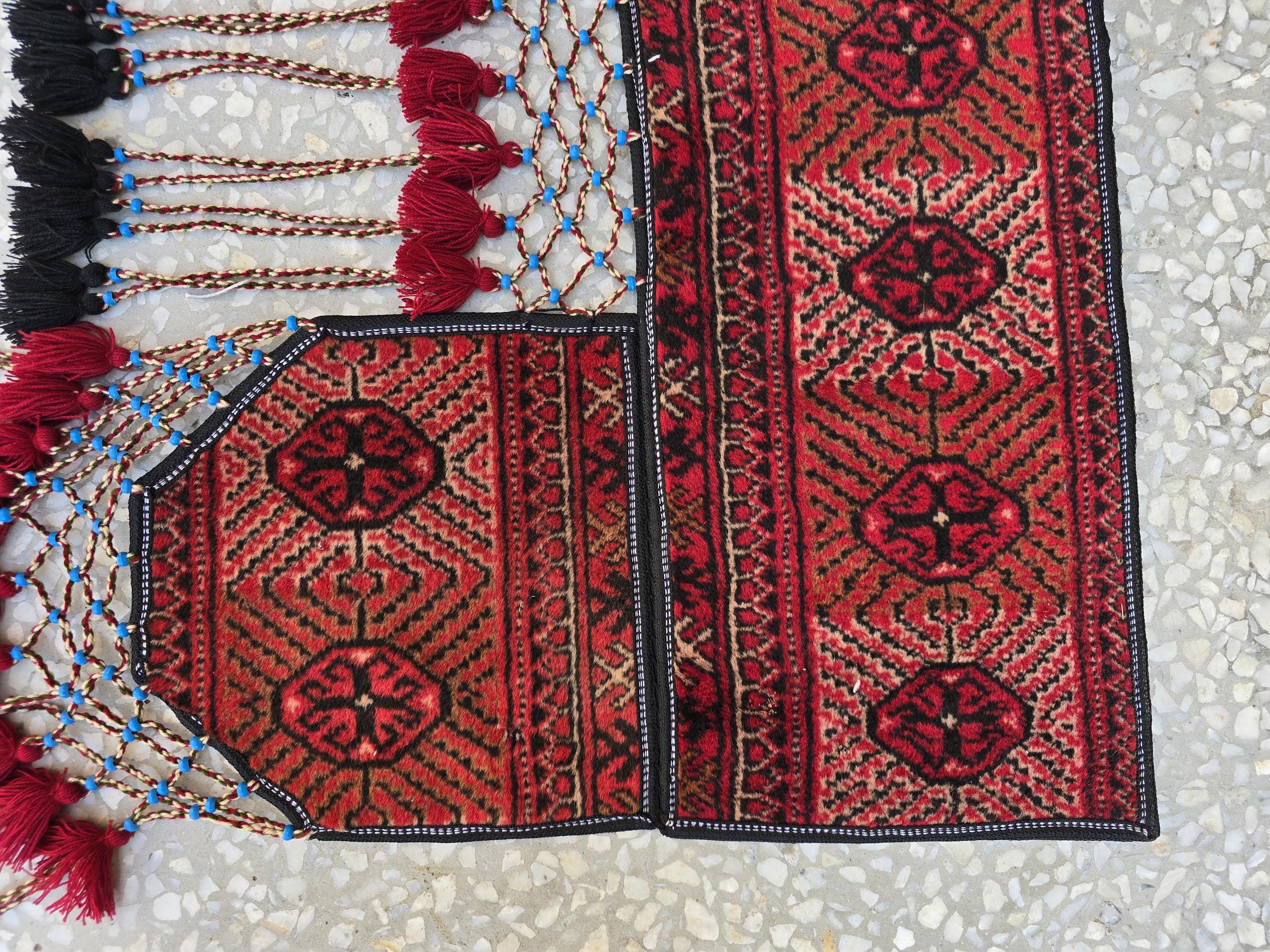 4.9ft Traditional Turkmen Parda Wall Hanging – Handwoven Red & Black Tapestry with Tassels – Tribal Afghan Textile Decor, Bedroom Decor