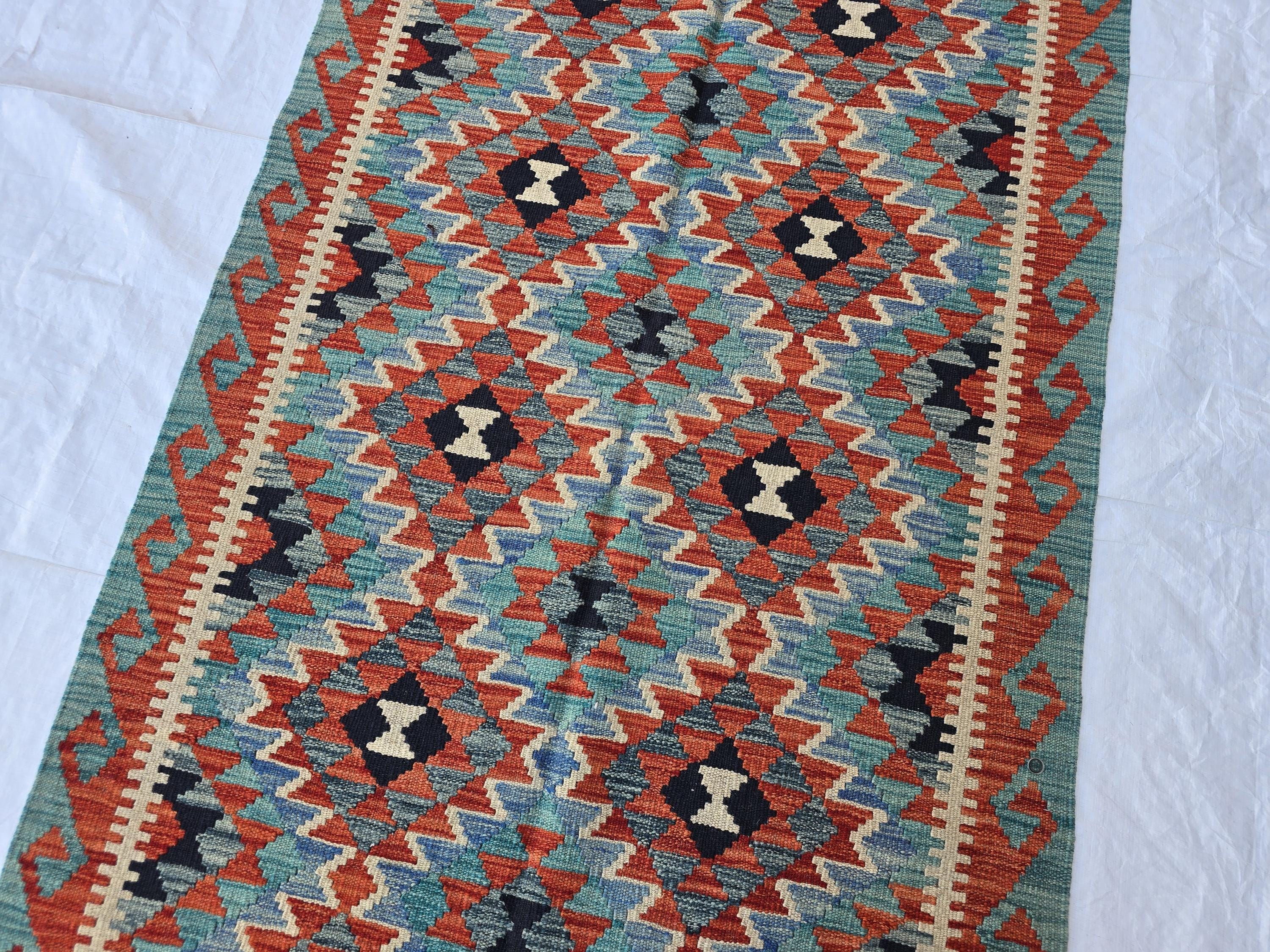 4x7 Afghan Handknitted Kilim Hallway Runner, Turkmen Flatweave Wool Geometric Runner, Boho Home Decor, Entryway Rug, Farmhouse Rug