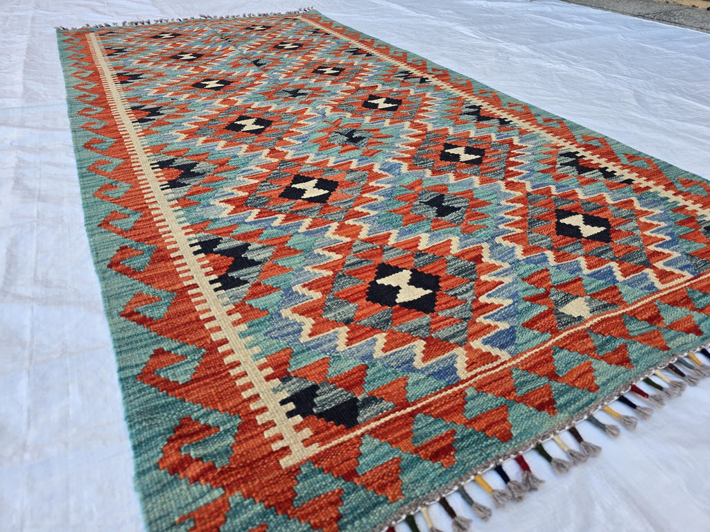 4x7 Afghan Handknitted Kilim Hallway Runner, Turkmen Flatweave Wool Geometric Runner, Boho Home Decor, Entryway Rug, Farmhouse Rug