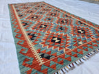 4x7 Afghan Handknitted Kilim Hallway Runner, Turkmen Flatweave Wool Geometric Runner, Boho Home Decor, Entryway Rug, Farmhouse Rug