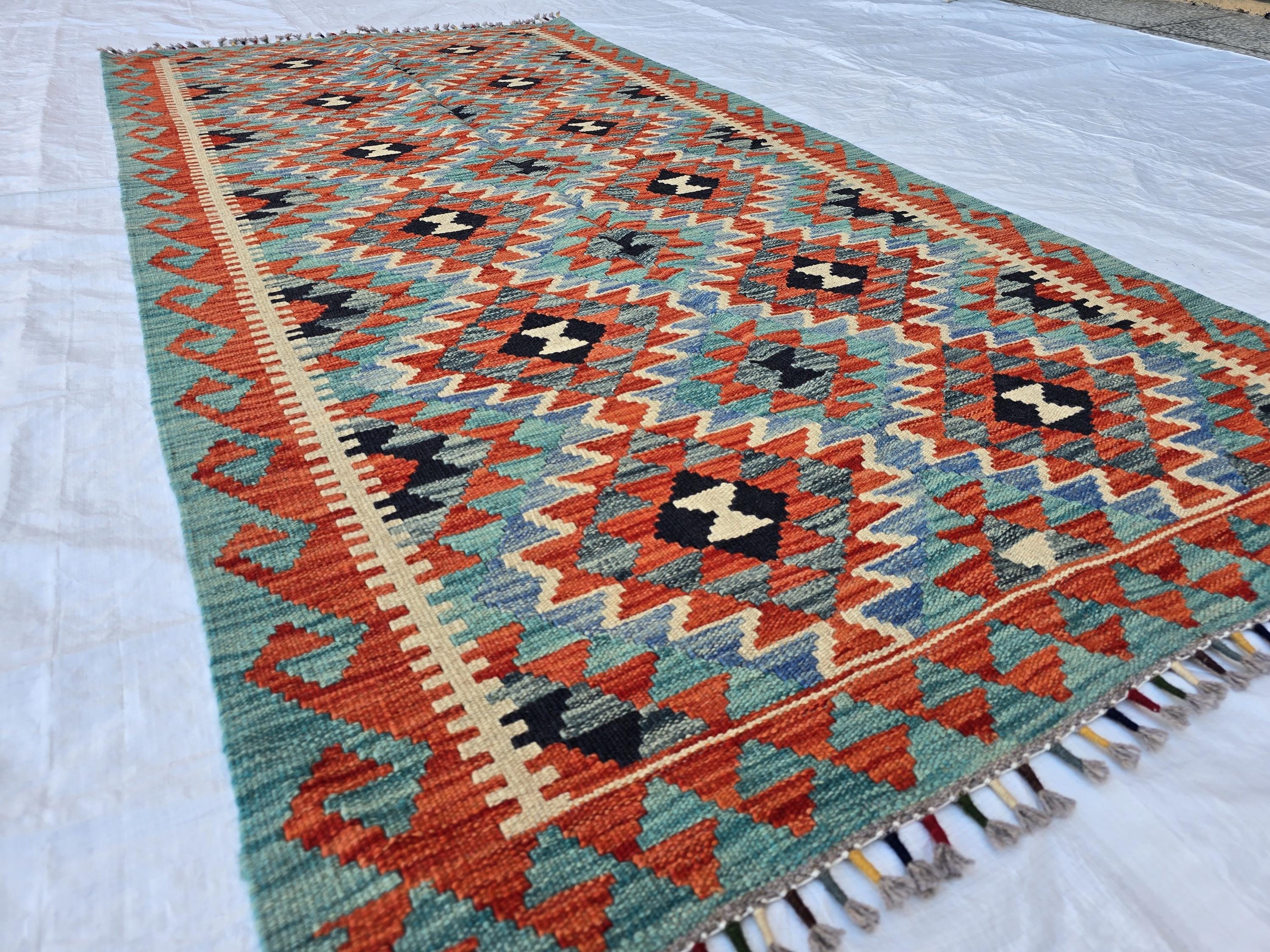 4x7 Afghan Handknitted Kilim Hallway Runner, Turkmen Flatweave Wool Geometric Runner, Boho Home Decor, Entryway Rug, Farmhouse Rug