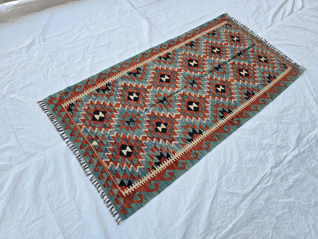 4x7 Afghan Handknitted Kilim Hallway Runner, Turkmen Flatweave Wool Geometric Runner, Boho Home Decor, Entryway Rug, Farmhouse Rug